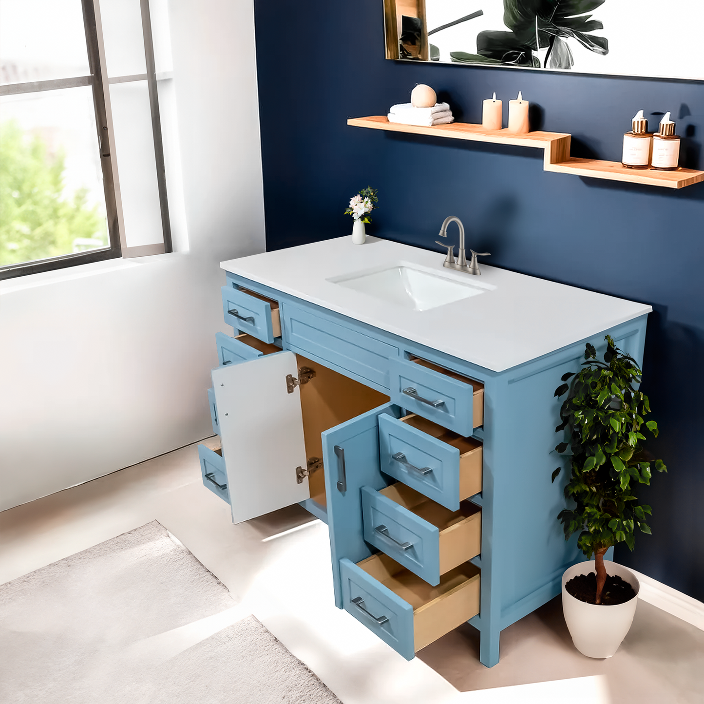 48" Knit blue 8 drawer solid wood vanity with quartz top