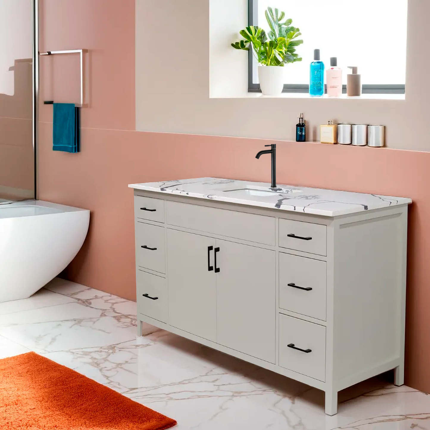 60" style Mirea vanity for bathroom with 6 drawers