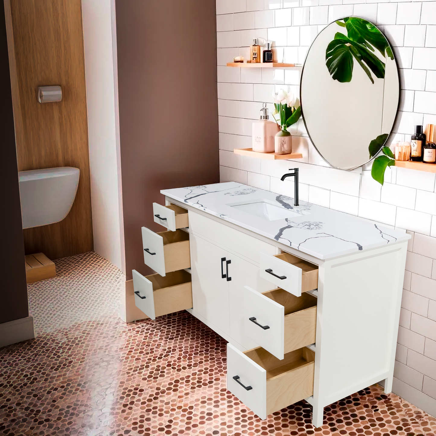 60" style Mirea vanity for bathroom with 6 drawers