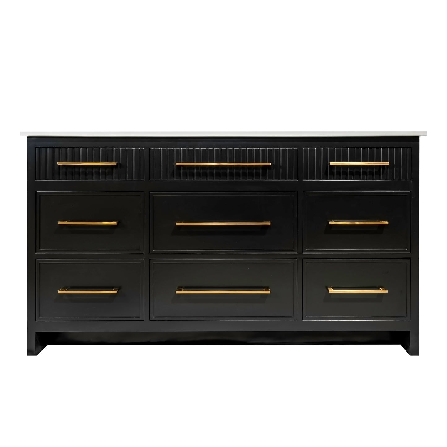 Black single sink bathroom wooden vanity with 8 drawers and quartz stone made in Canada