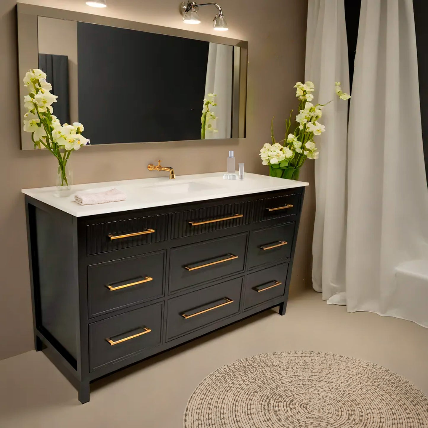 Black single sink bathroom wooden vanity with 8 drawers and quartz stone made in Canada
