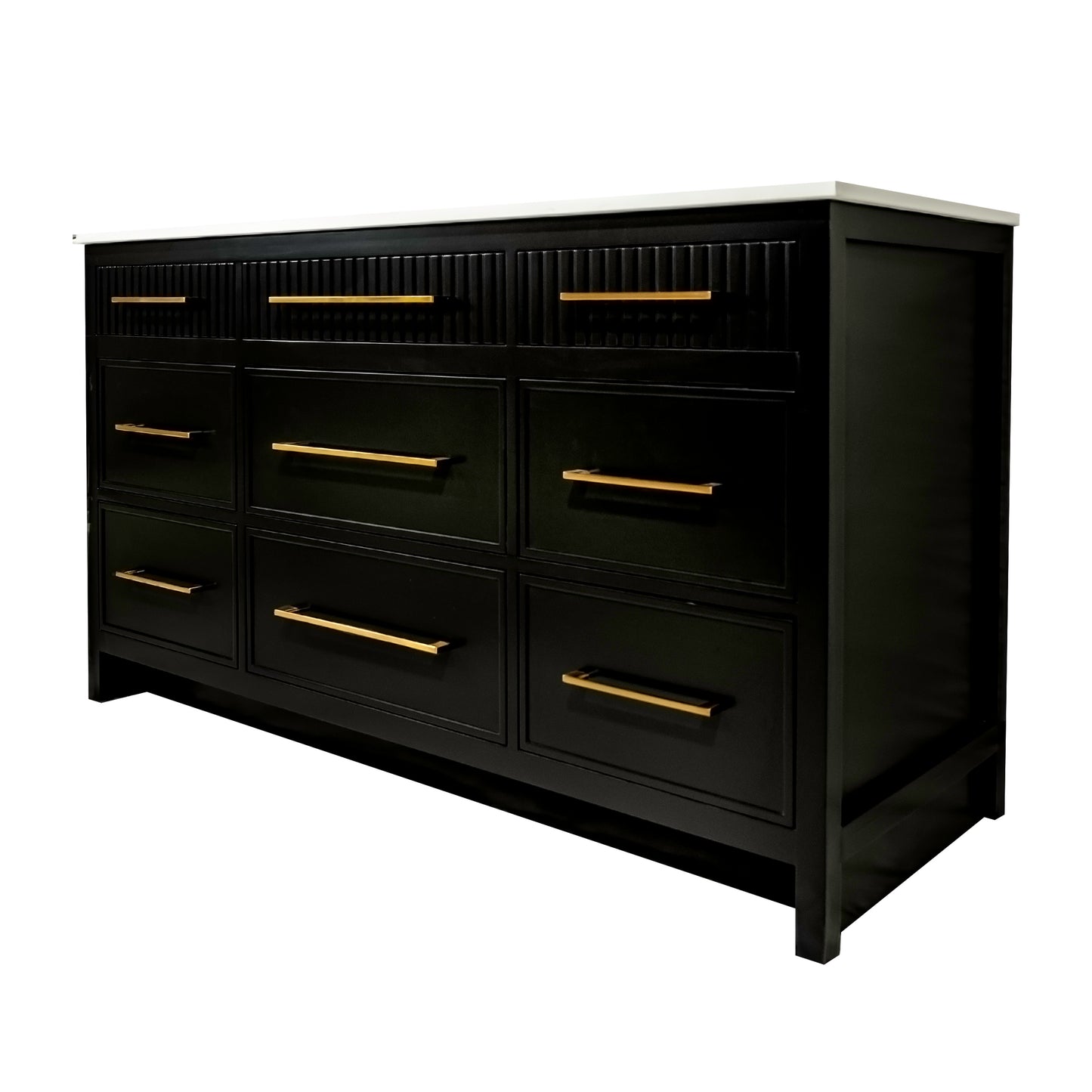 Black single sink bathroom wooden vanity with 8 drawers and quartz stone made in Canada