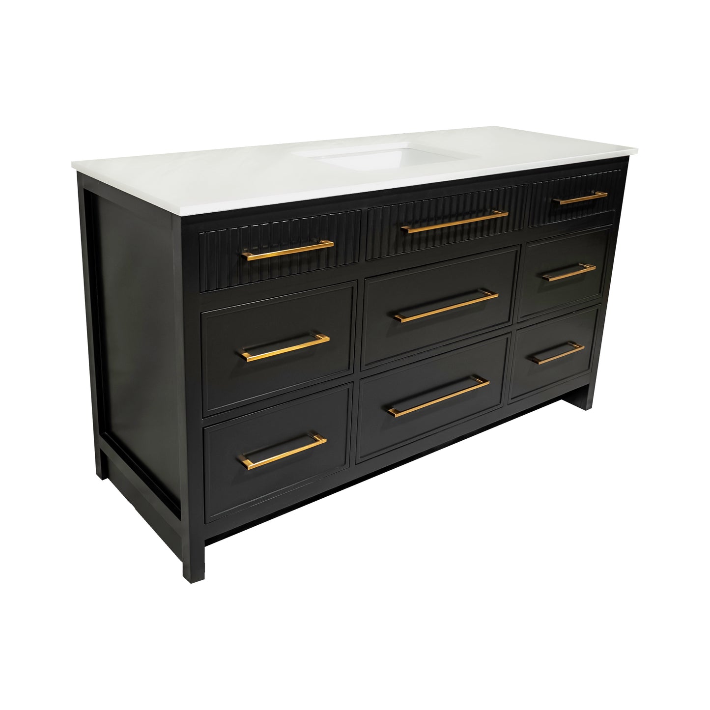 Black single sink bathroom wooden vanity with 8 drawers and quartz stone made in Canada
