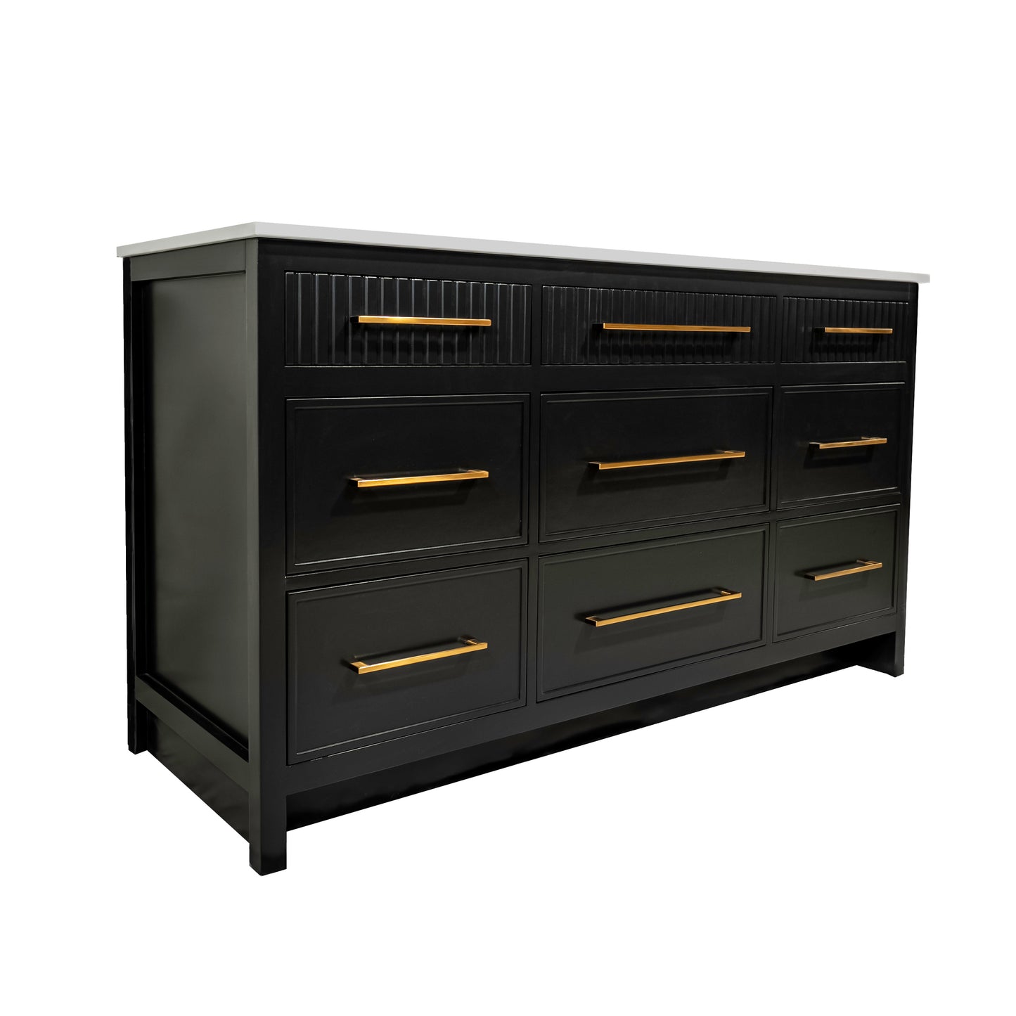 Black single sink bathroom wooden vanity with 8 drawers and quartz stone made in Canada