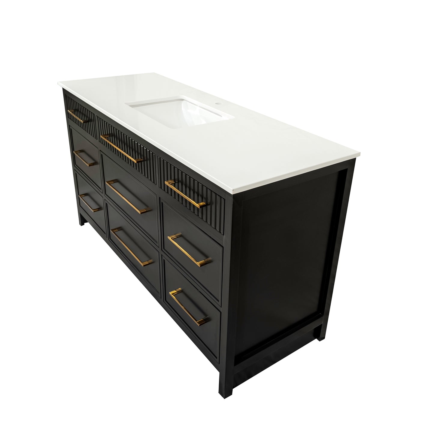 Black single sink bathroom wooden vanity with 8 drawers and quartz stone made in Canada