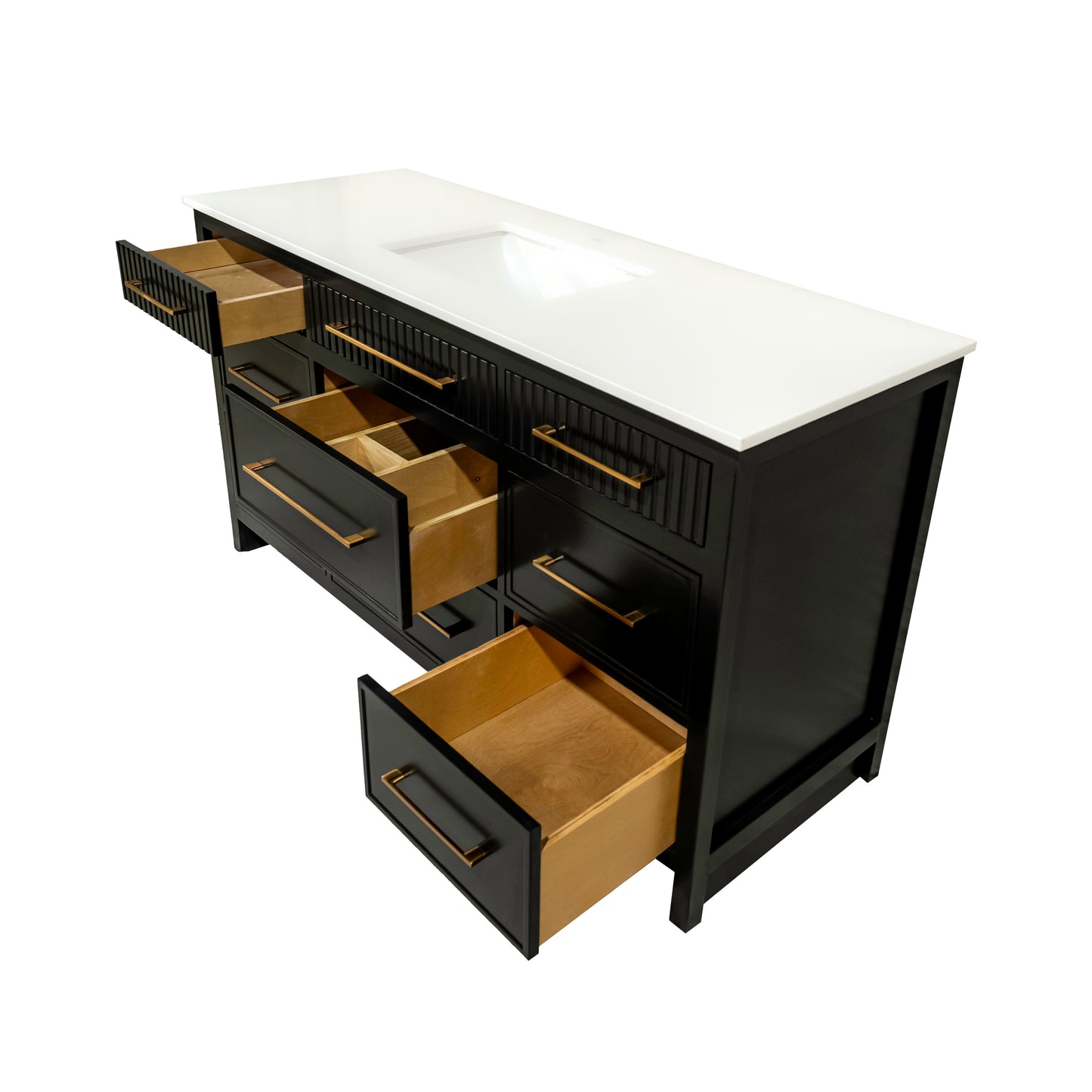 Black single sink bathroom wooden vanity with 8 drawers and quartz stone made in Canada