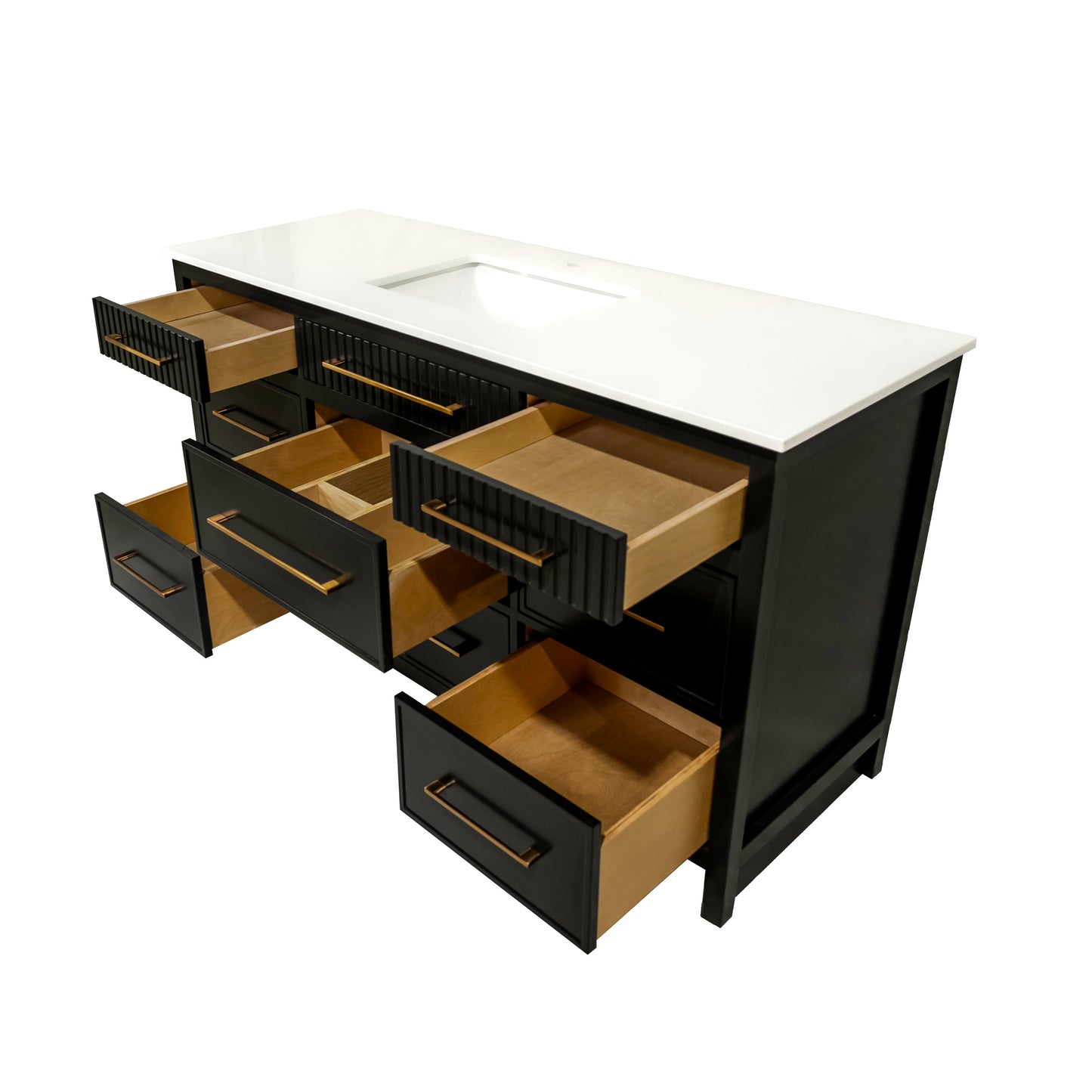 Black single sink bathroom wooden vanity with 8 drawers and quartz stone made in Canada