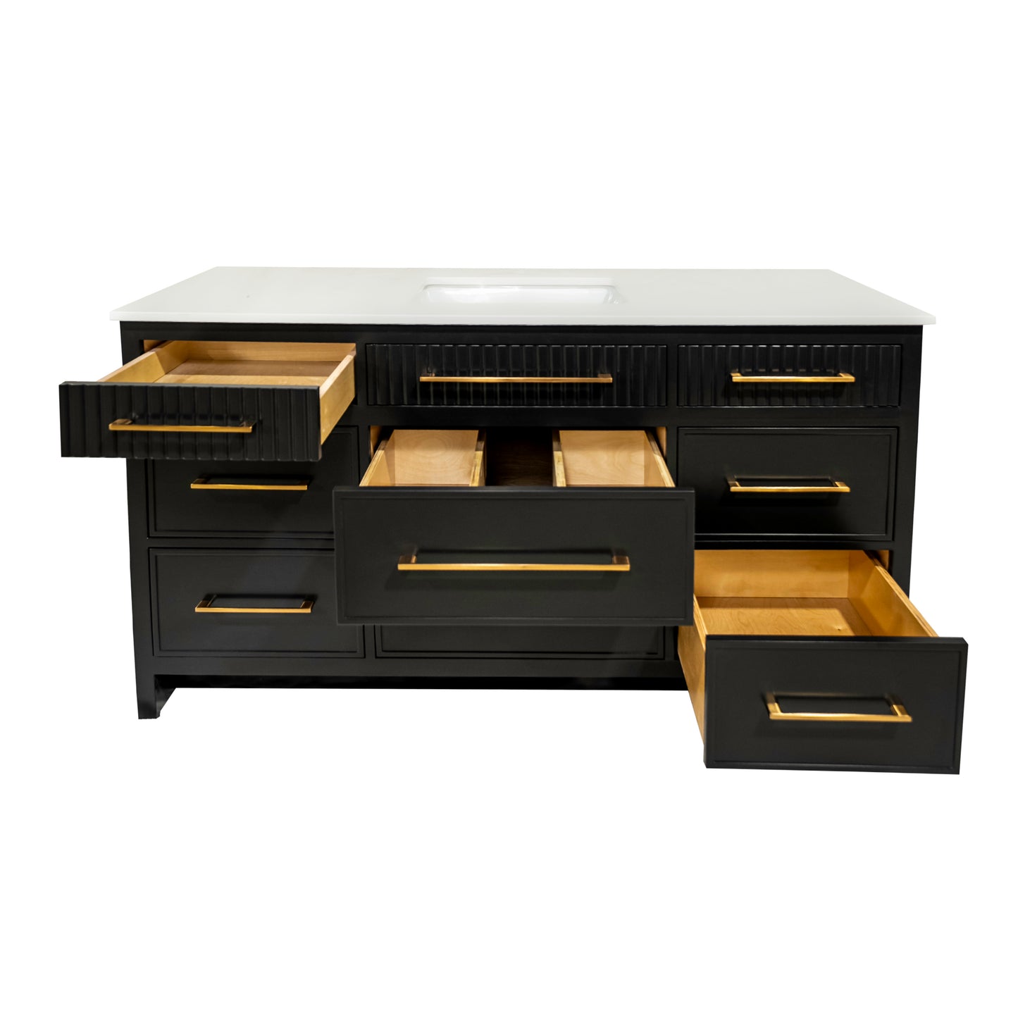 Black single sink bathroom wooden vanity with 8 drawers and quartz stone made in Canada