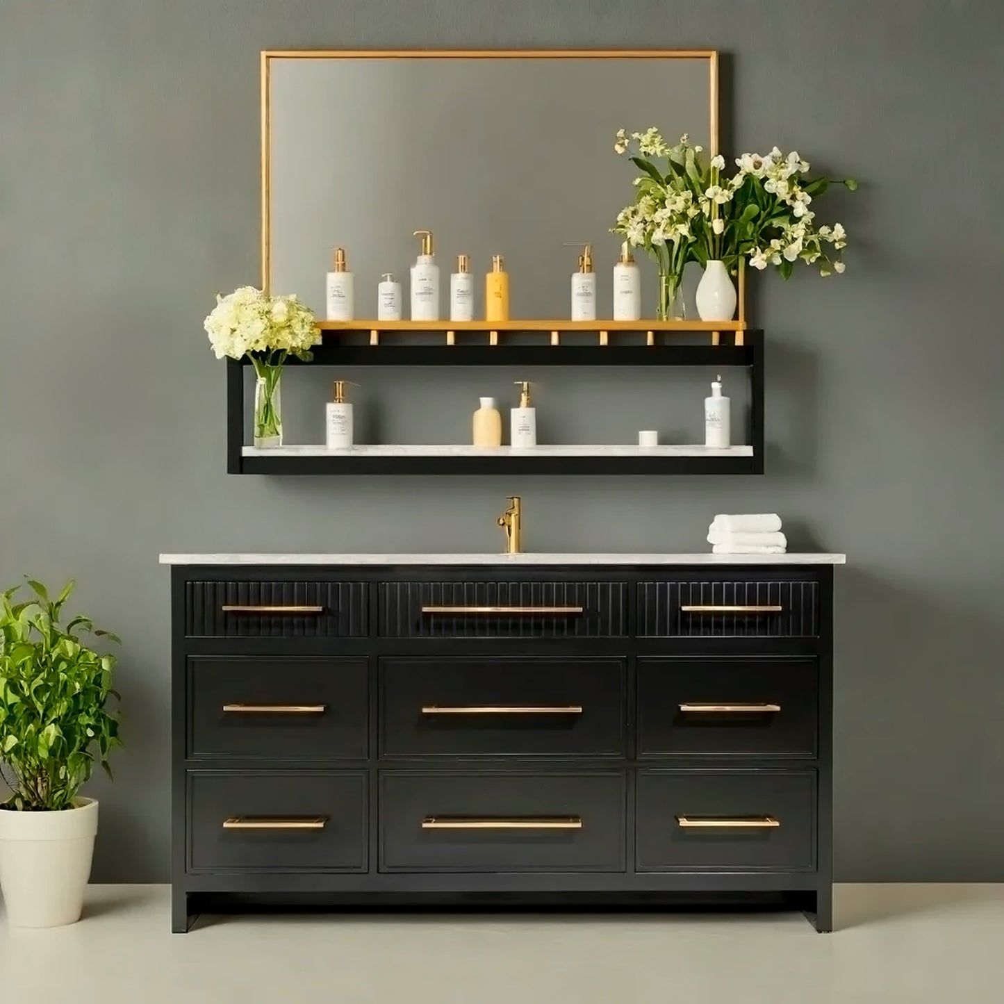 Black single sink bathroom wooden vanity with 8 drawers and quartz stone made in Canada