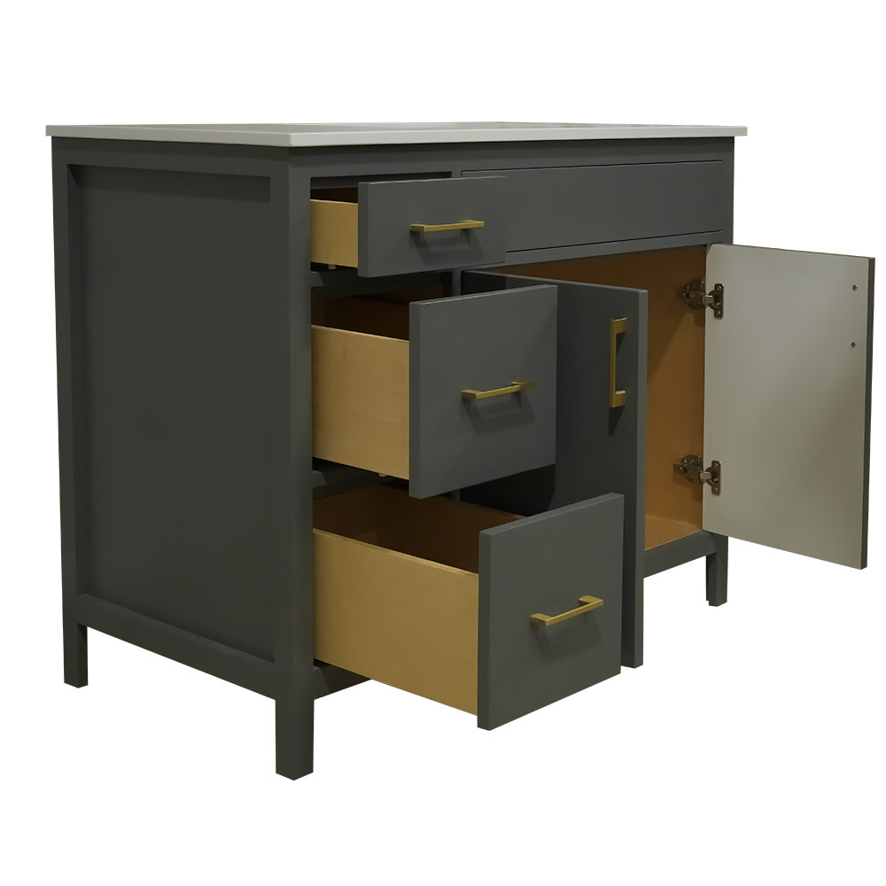 42" wood vanity Amherst gray 2 doors 3 drawers on left
