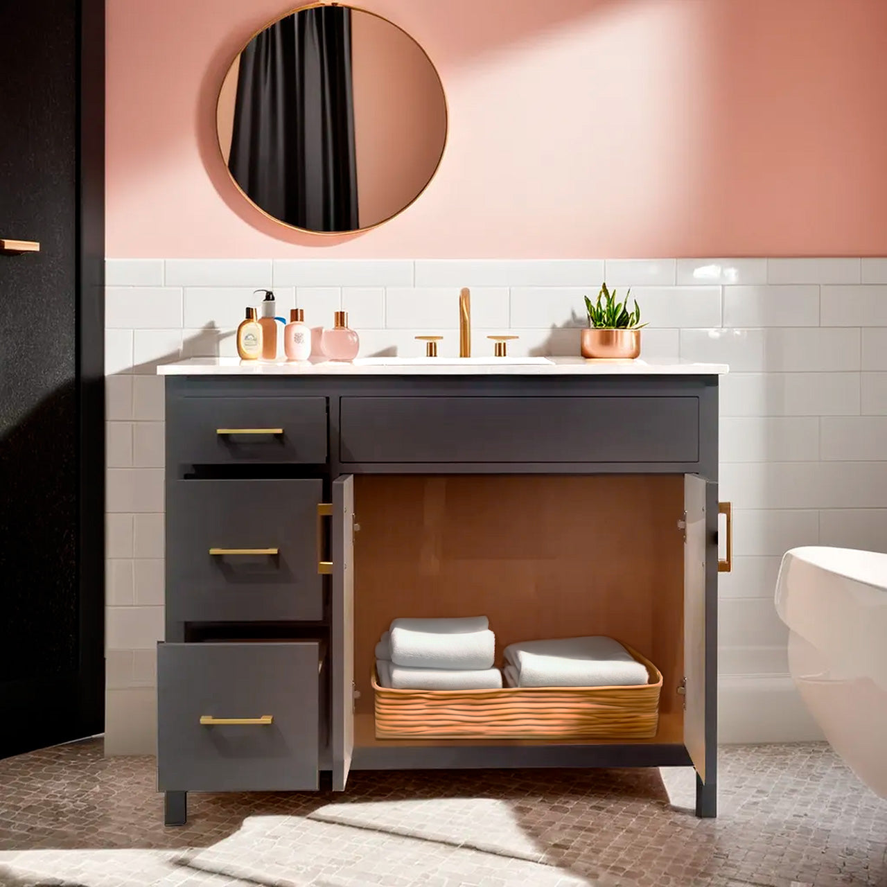 42" wood vanity Amherst gray 2 doors 3 drawers on left