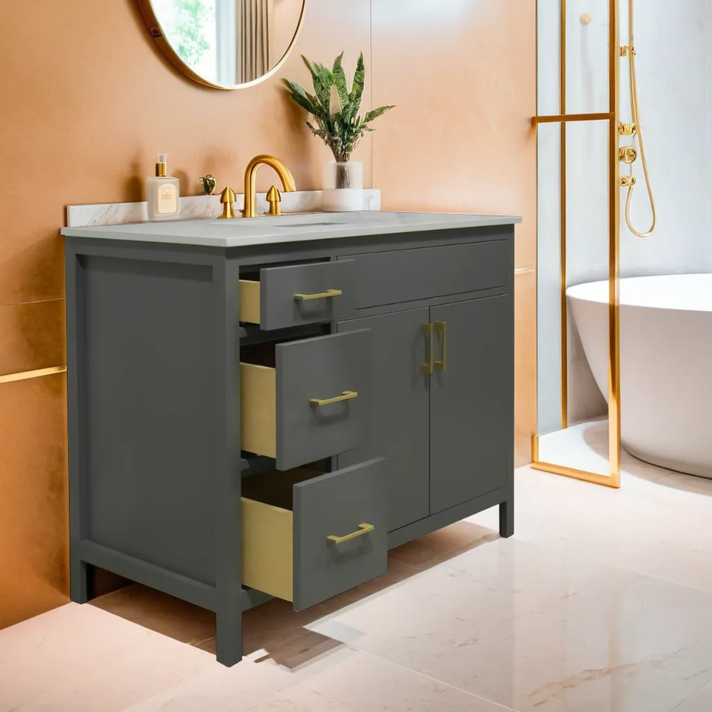 42" wood vanity Amherst gray 2 doors 3 drawers on left