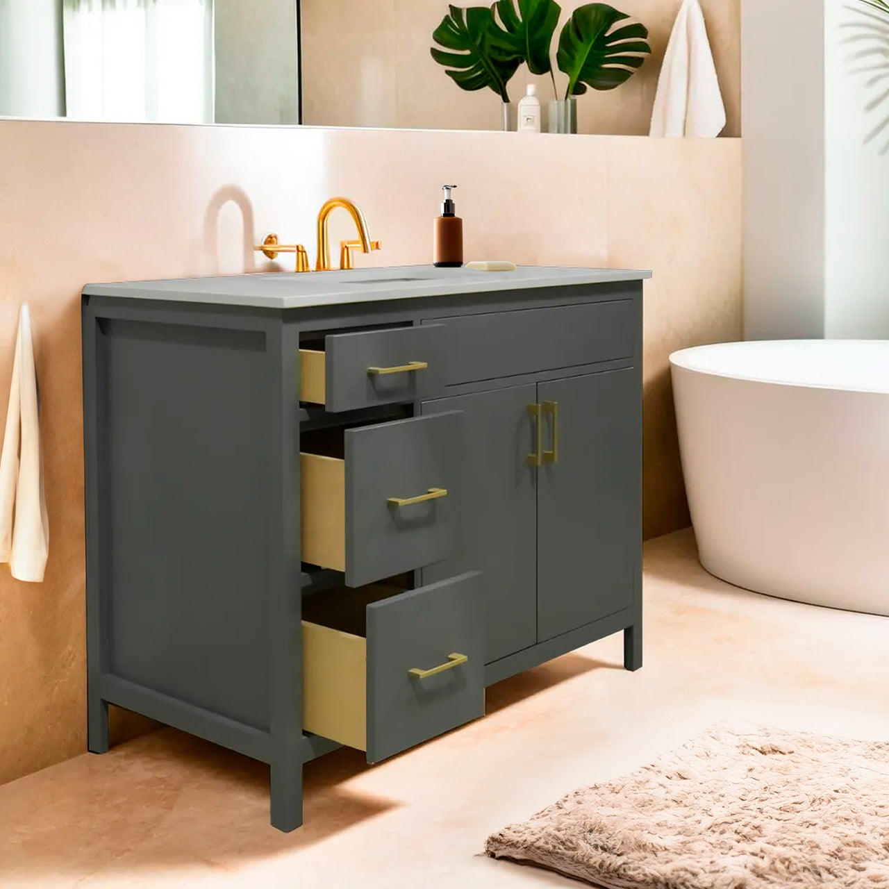 42" wood vanity Amherst gray 2 doors 3 drawers on left
