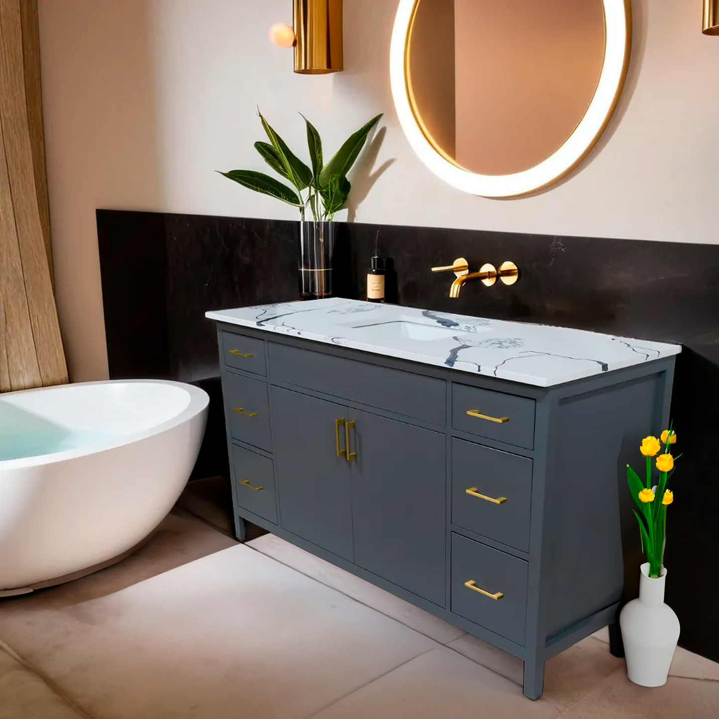 60" bathroom wood vanity made in Canada include quartz top single sink 1