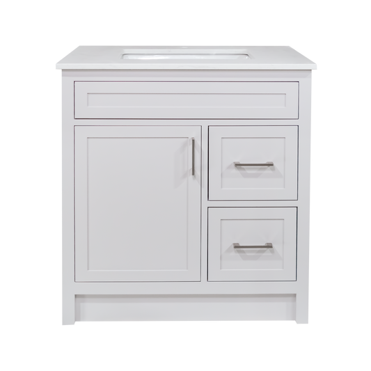 30" Wood Vanity in Cement Grey Shaker Style with Quartz Top