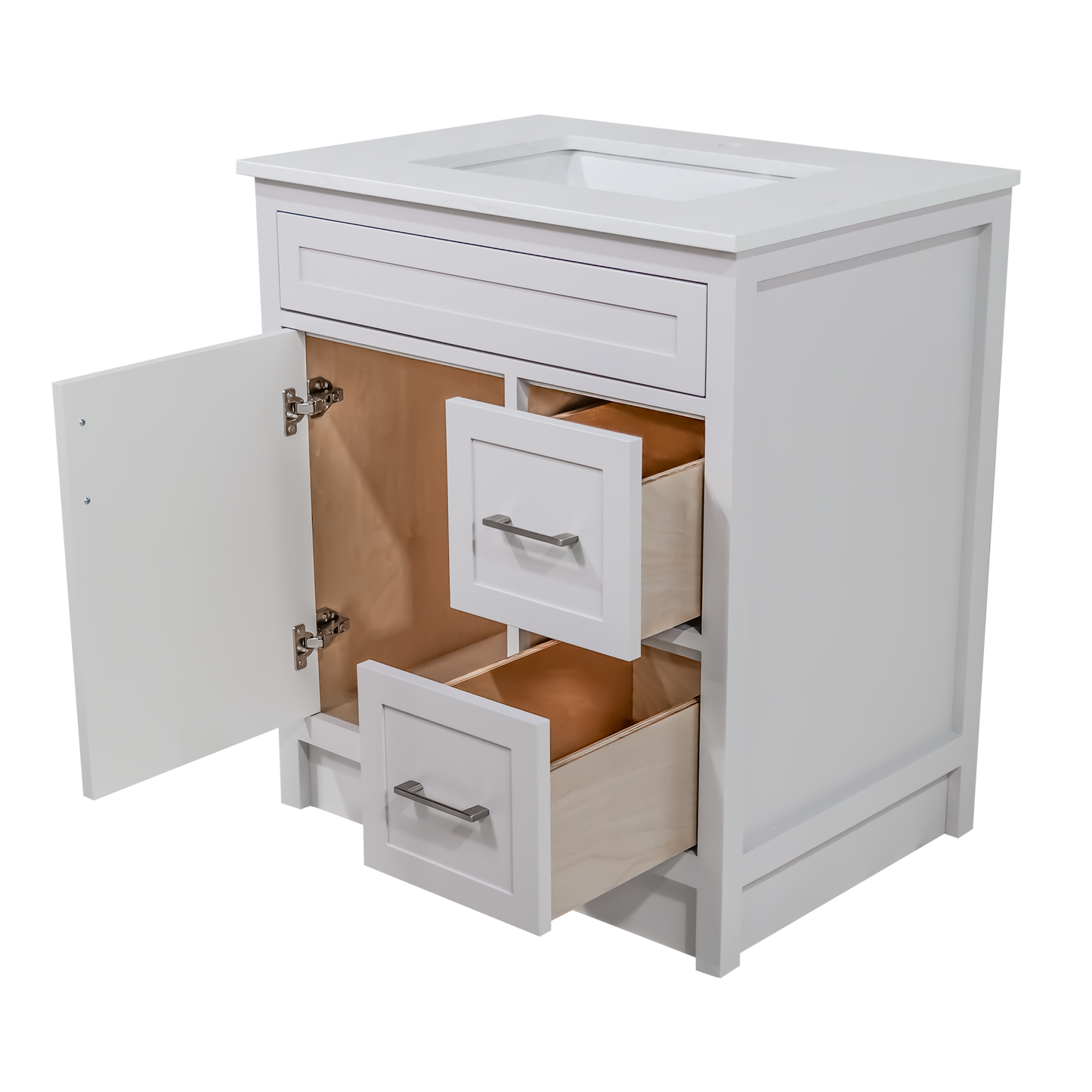 30" Wood Vanity in Cement Grey Shaker Style with Quartz Top