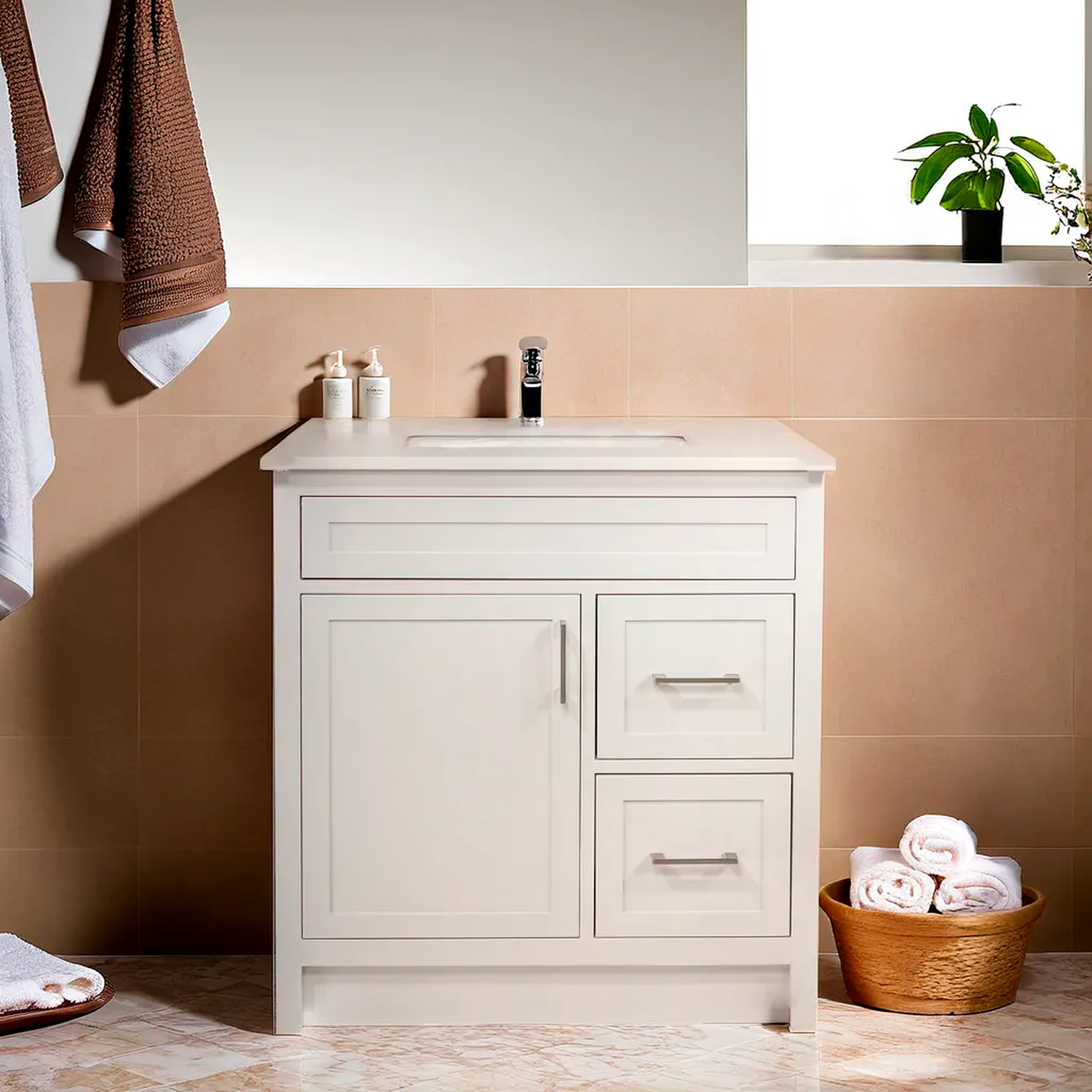 30" Wood Vanity in Cement Grey Shaker Style with Quartz Top