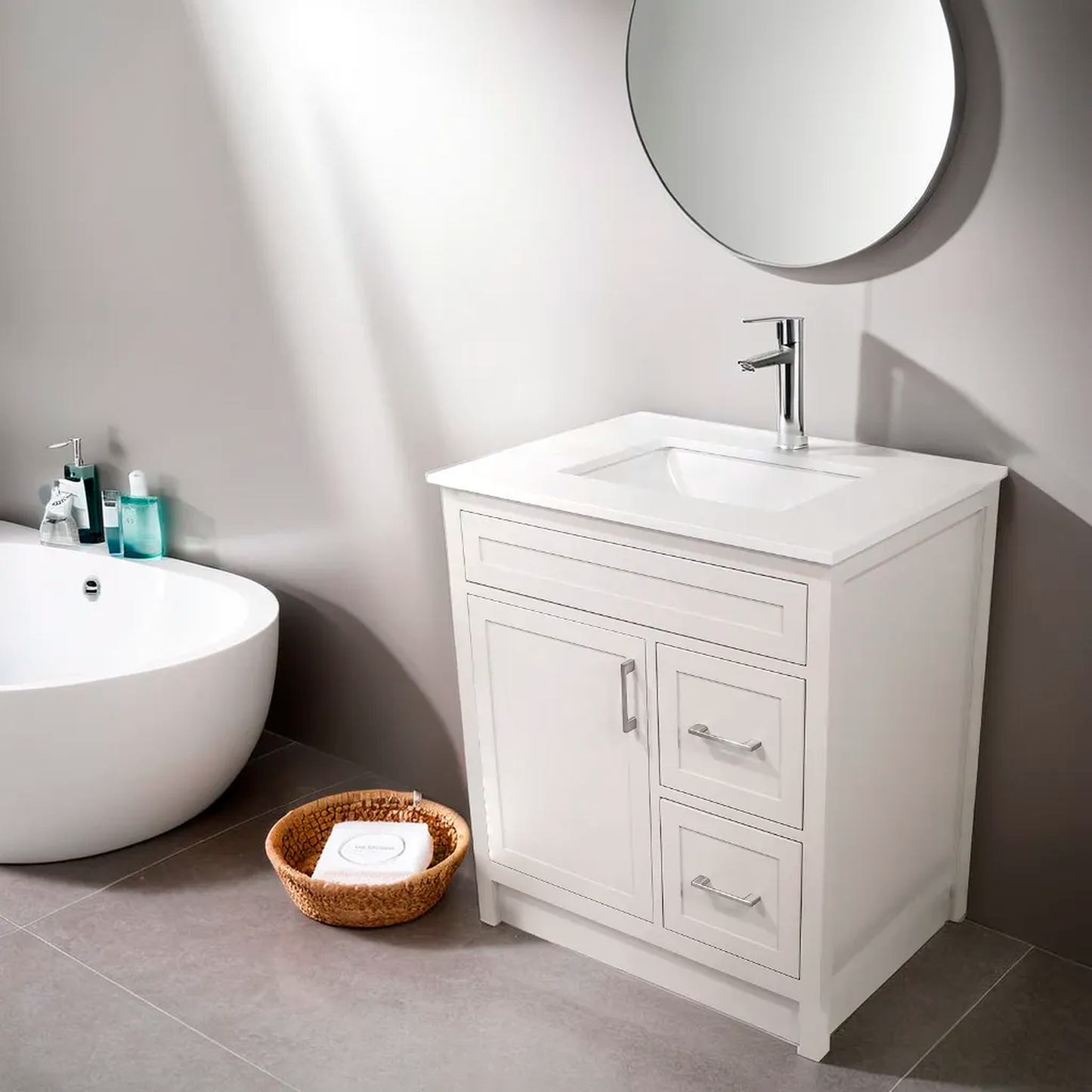 30" Wood Vanity in Cement Grey Shaker Style with Quartz Top