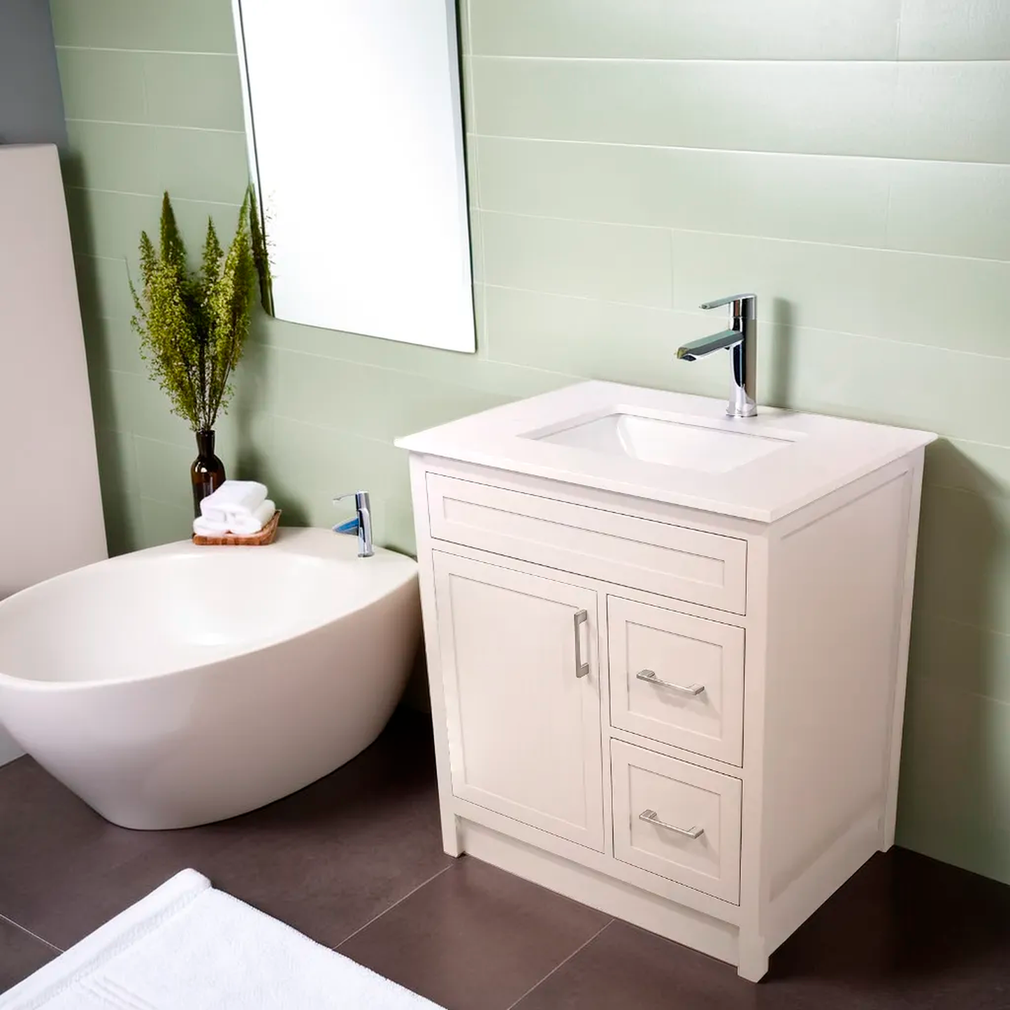 30" Wood Vanity in Cement Grey Shaker Style with Quartz Top