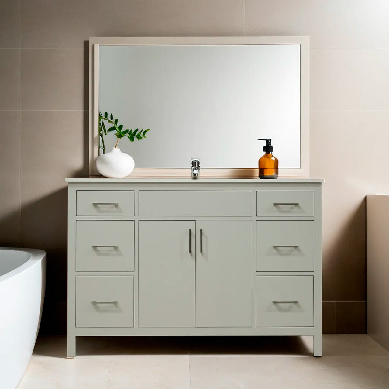 48" wood vanity Mirea style in cement gray  6 drawers  with quartz top