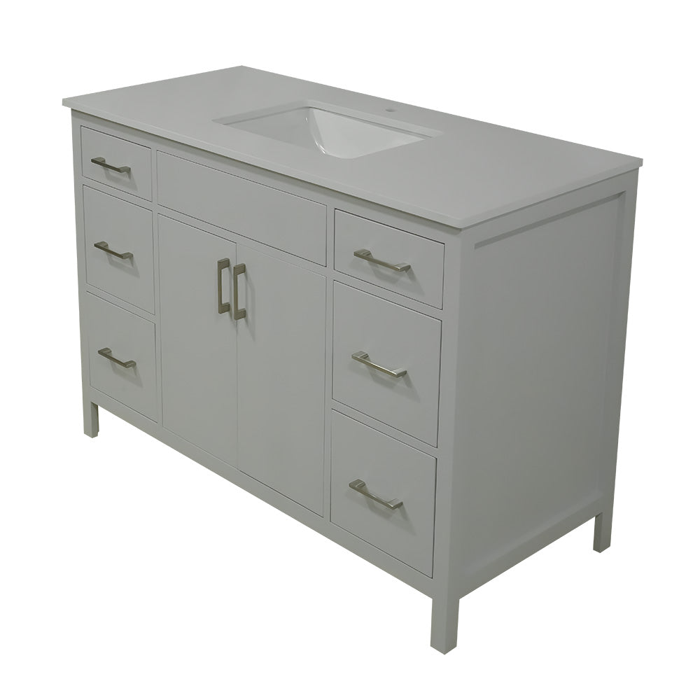 48" wood vanity Mirea style in cement gray  6 drawers  with quartz top