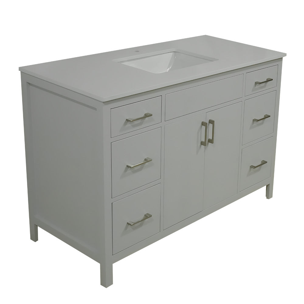 48" wood vanity Mirea style in cement gray  6 drawers  with quartz top