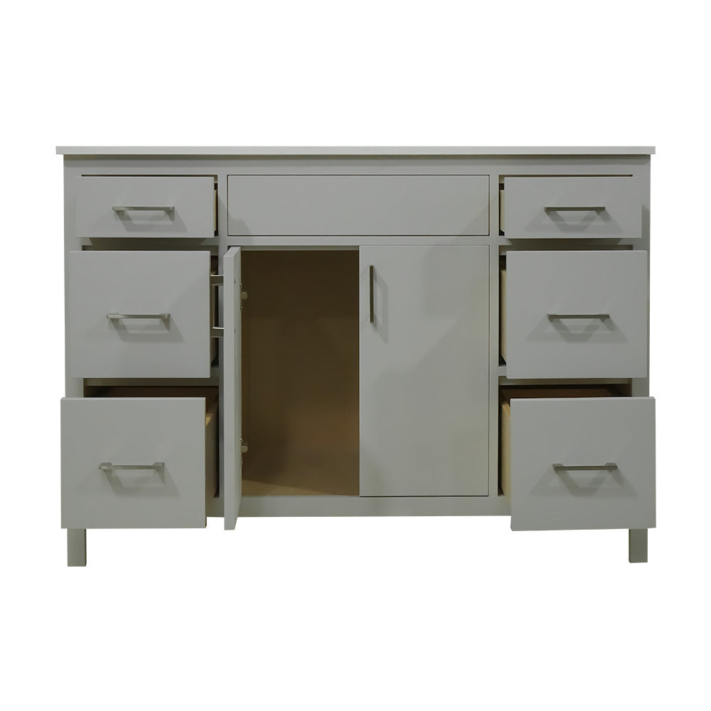 48" wood vanity Mirea style in cement gray  6 drawers  with quartz top