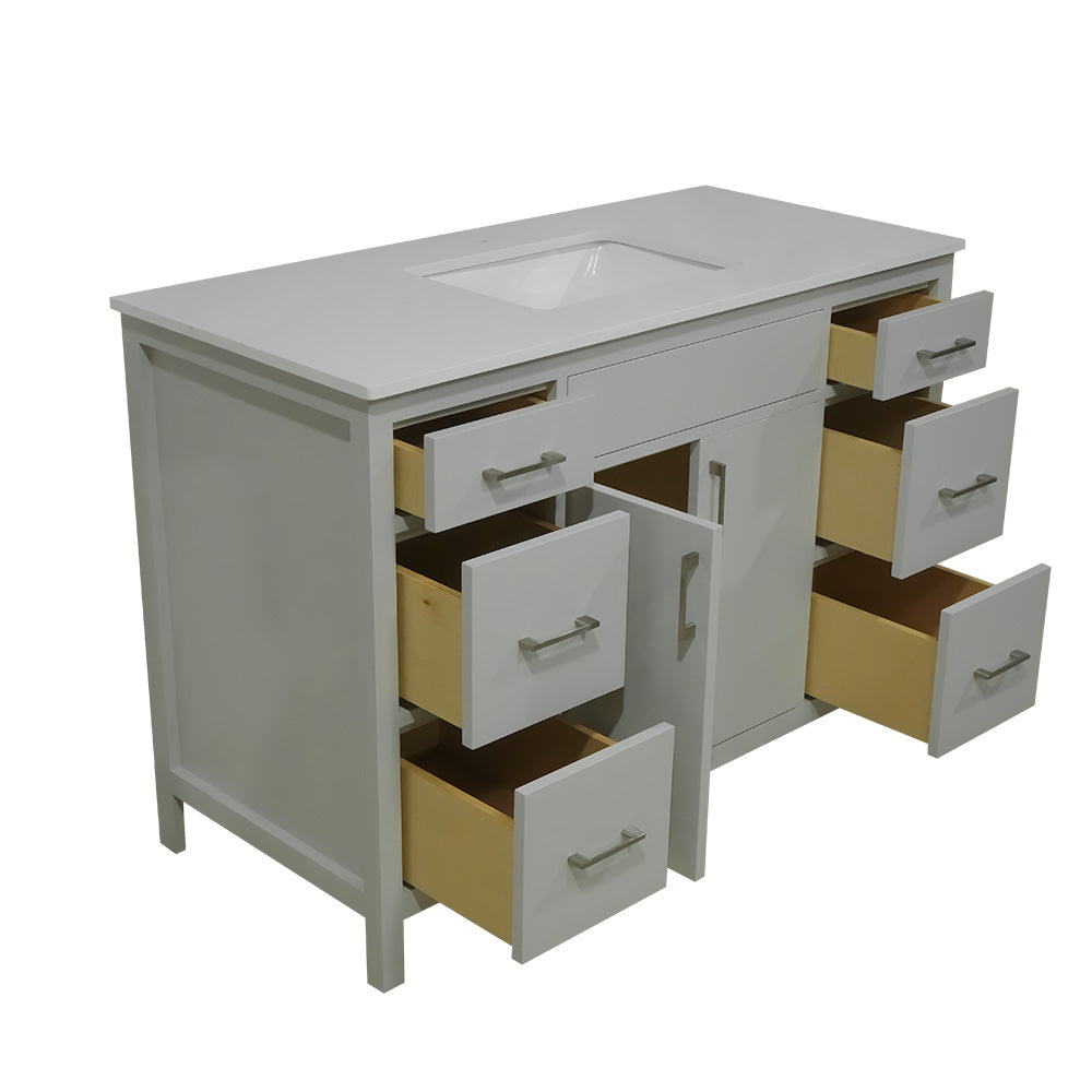 48" wood vanity Mirea style in cement gray  6 drawers  with quartz top