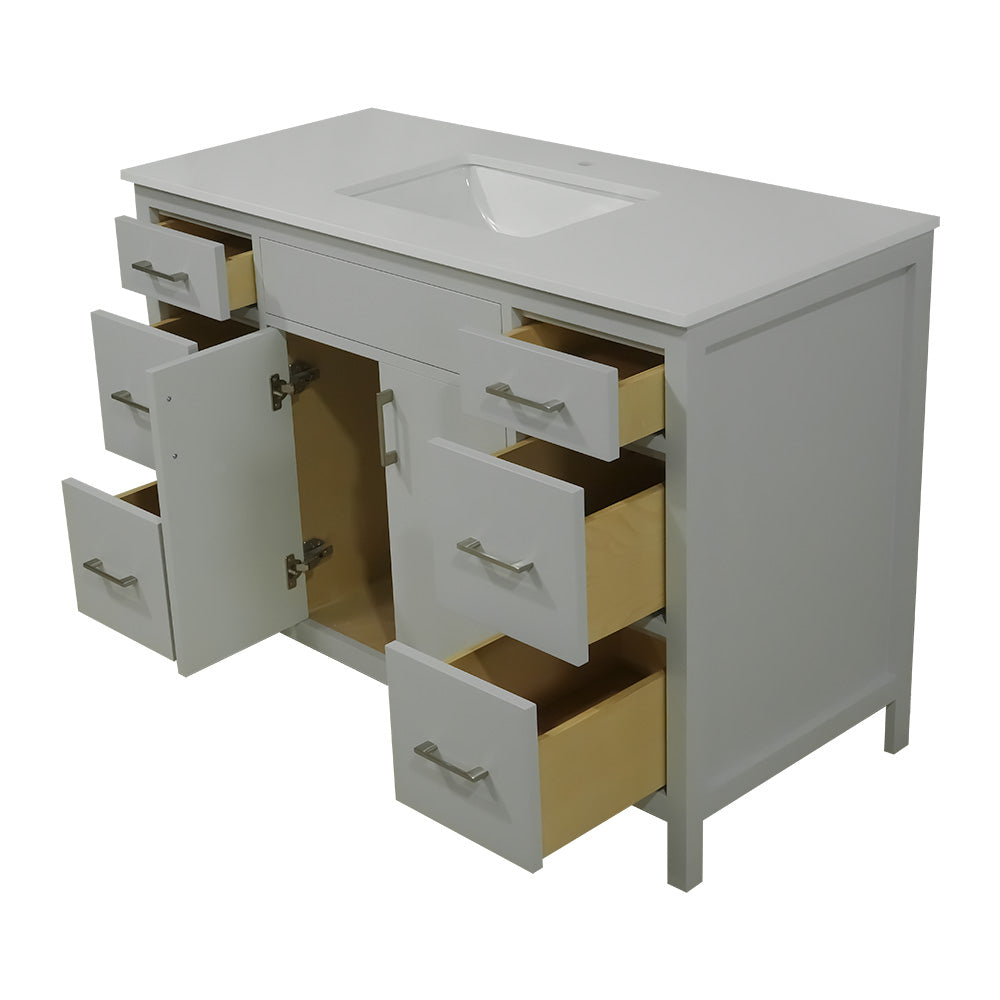 48" wood vanity Mirea style in cement gray  6 drawers  with quartz top