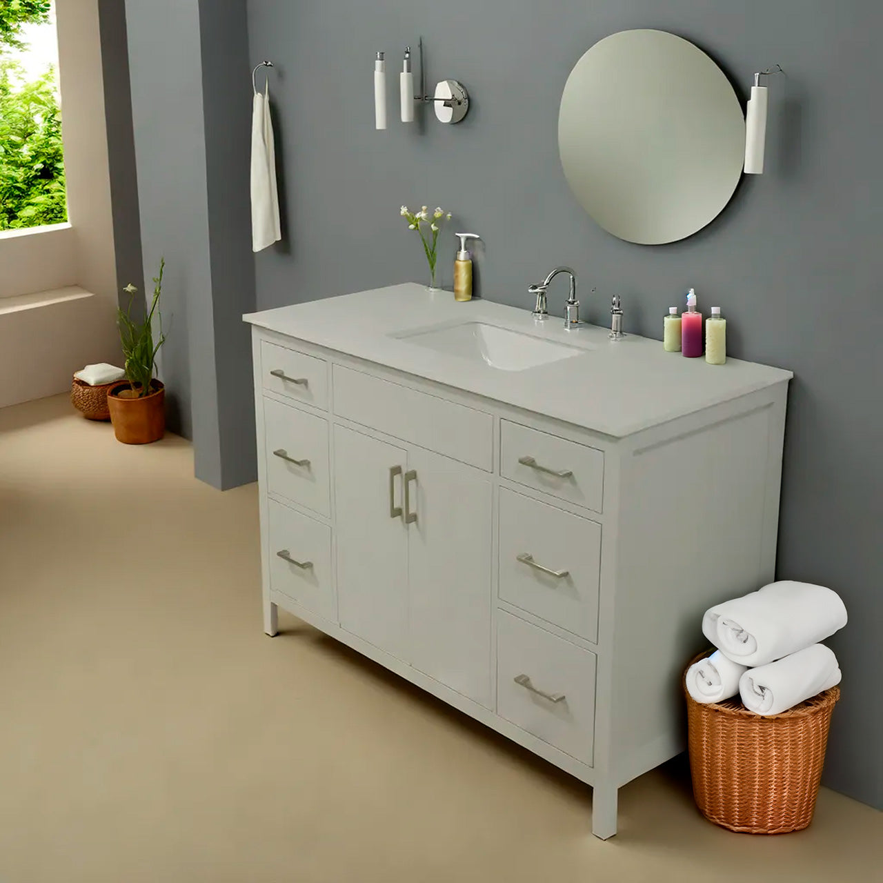 48" wood vanity Mirea style in cement gray  6 drawers  with quartz top