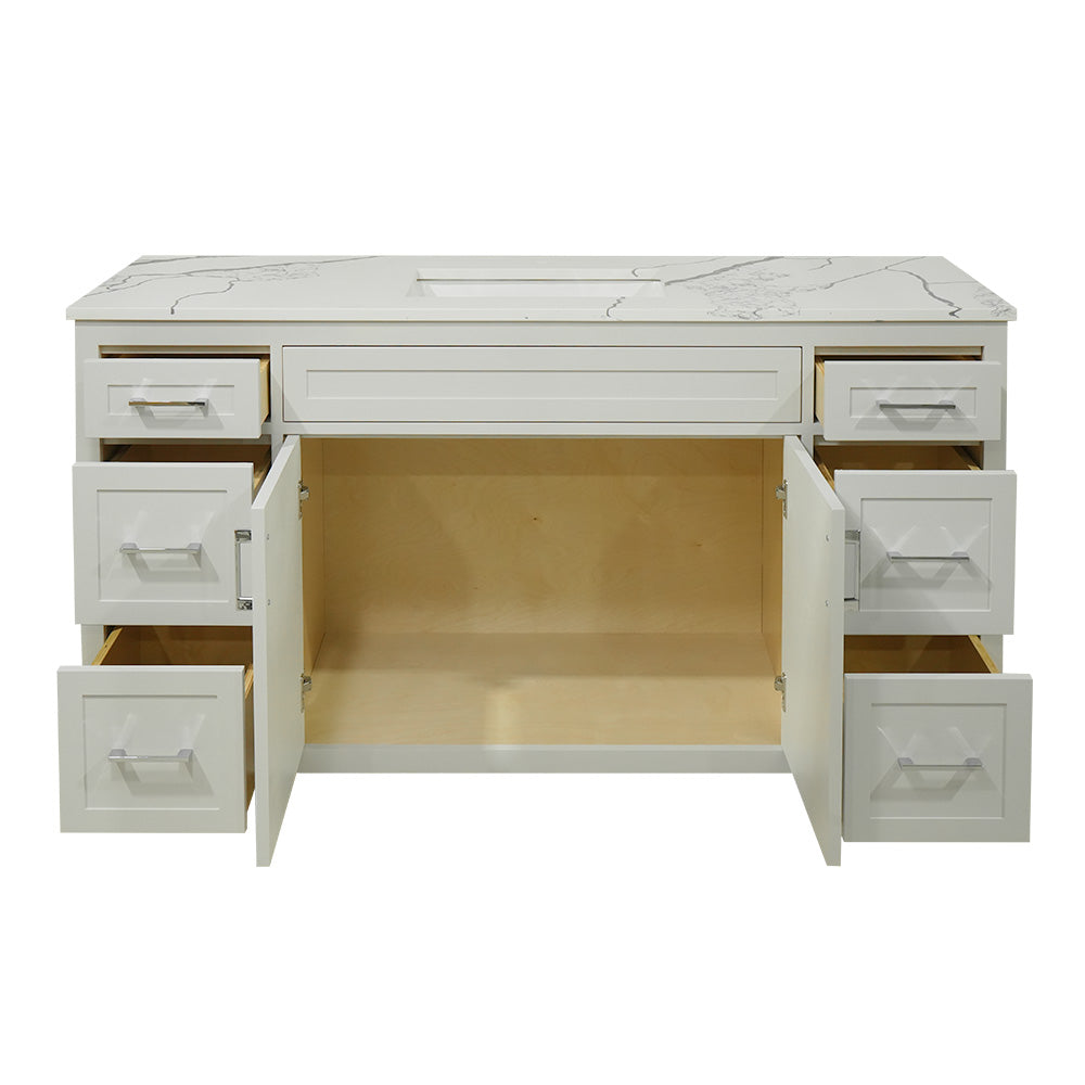 60" wood vanity single sink shaker stile in cement gray and quartz top