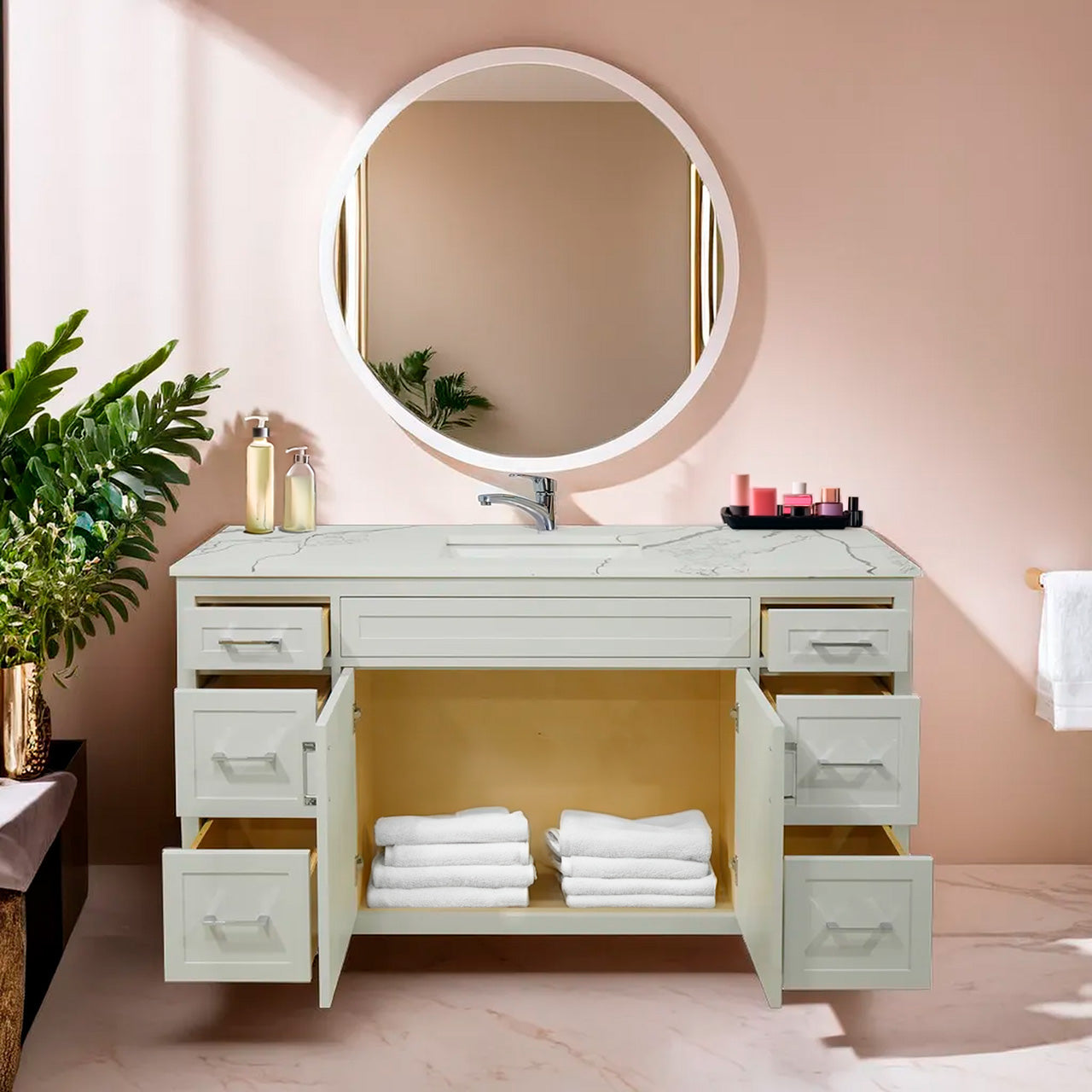 60" wood vanity single sink shaker stile in cement gray and quartz top