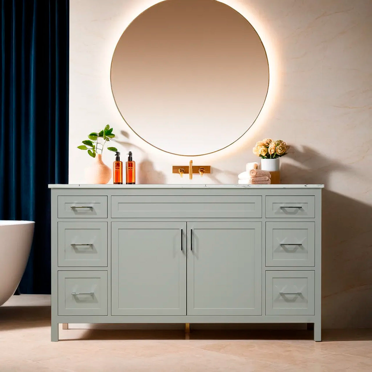 60" wood vanity single sink shaker stile in cement gray and quartz top