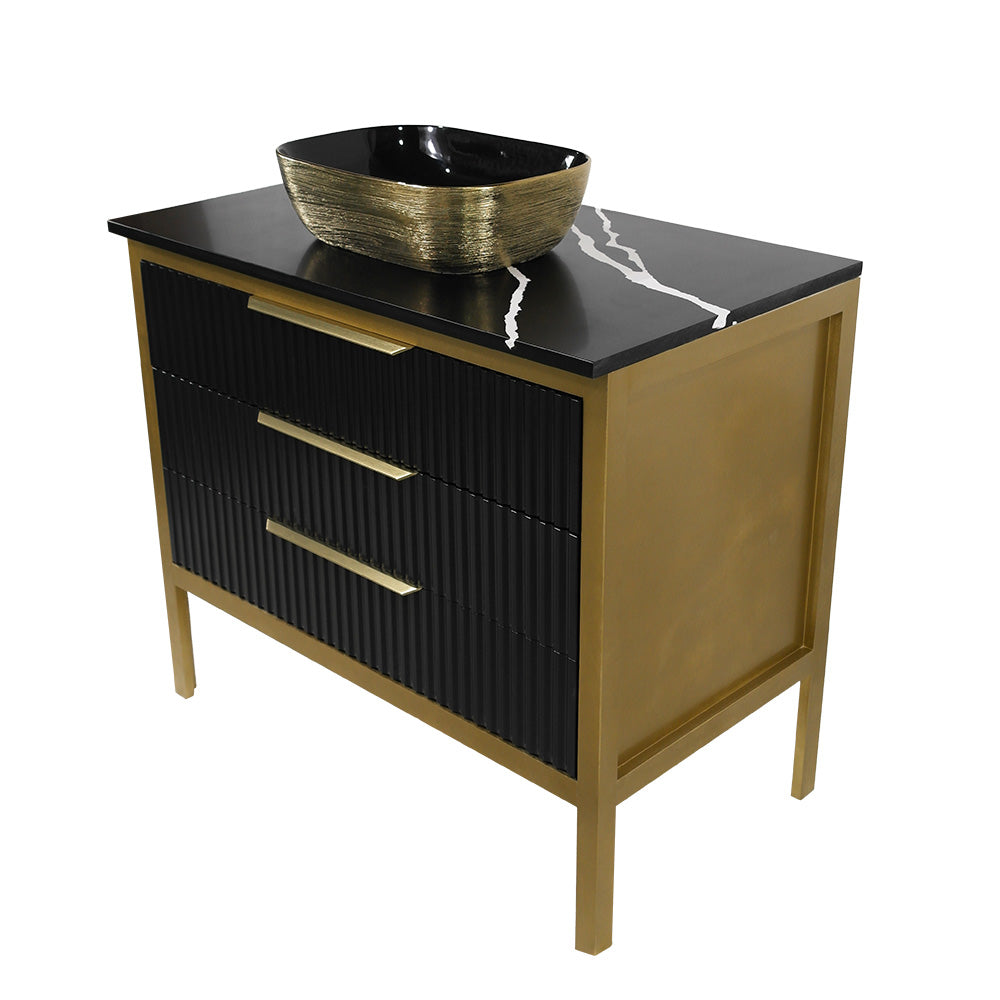 Zlata Style Gold and Black Bathroom Vanity Cabinet with Quartz 3 Drawers