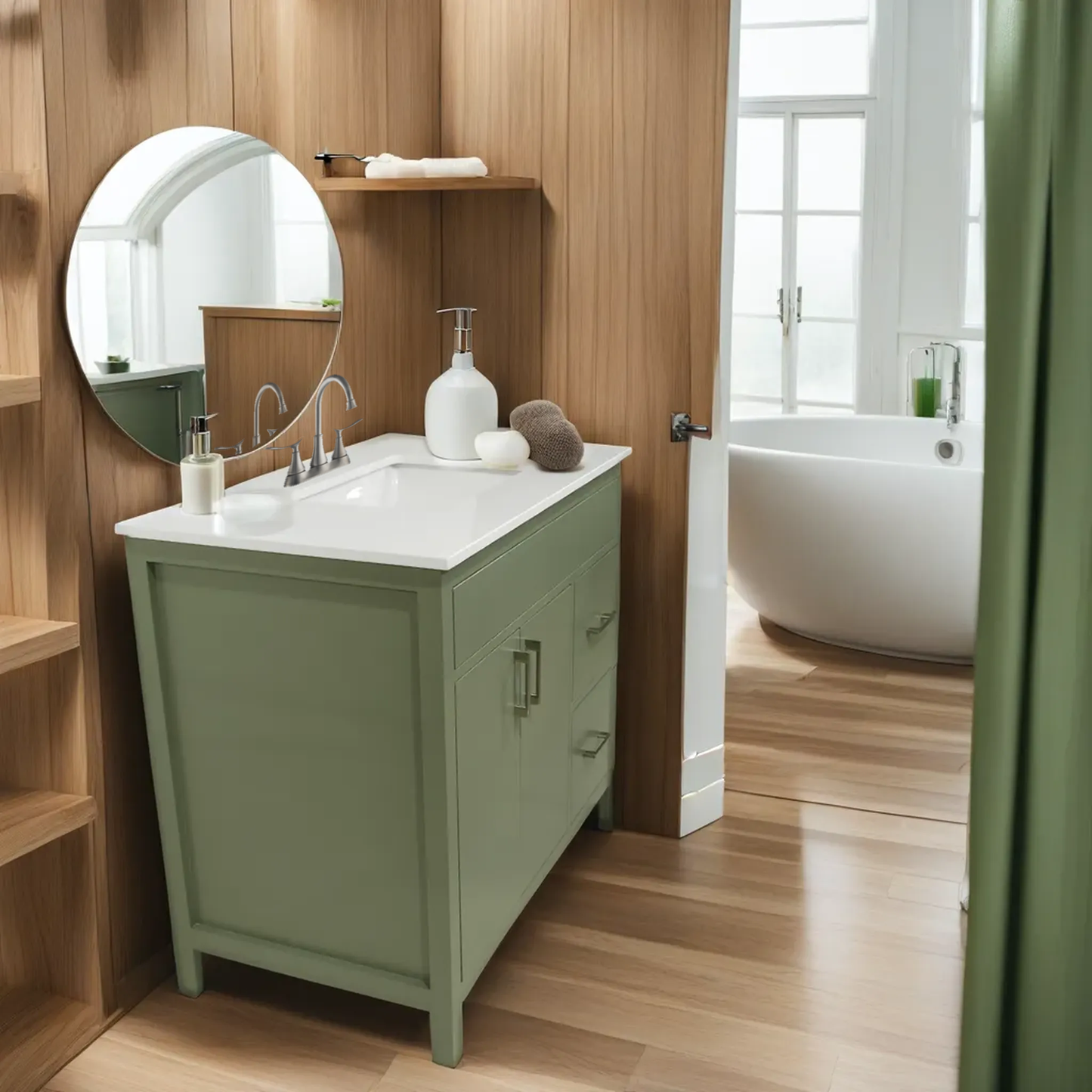 36" Mirea style lush colour  wood bathroom vanity with 2 doors and 2 drawers on right side