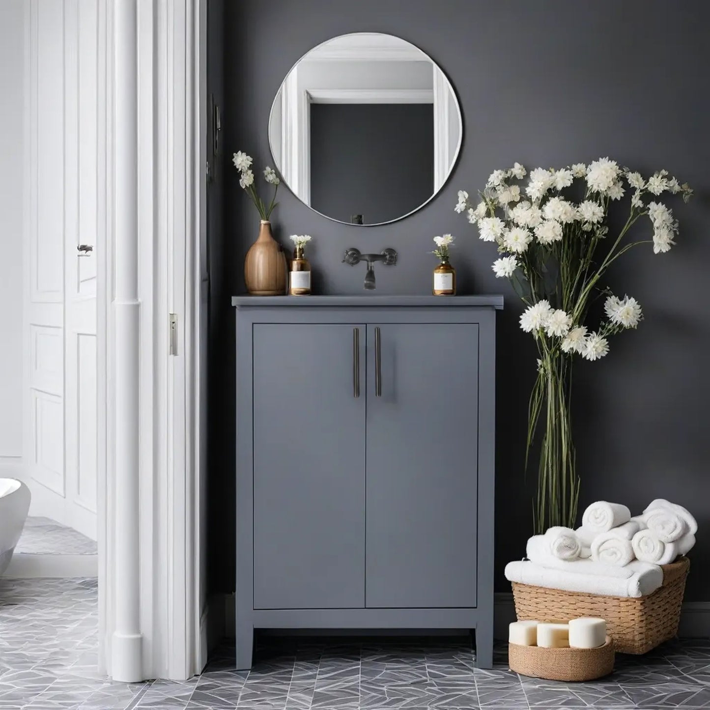 24-inch bathroom wooden cabinet finished in fog grey with Quartz top and sink