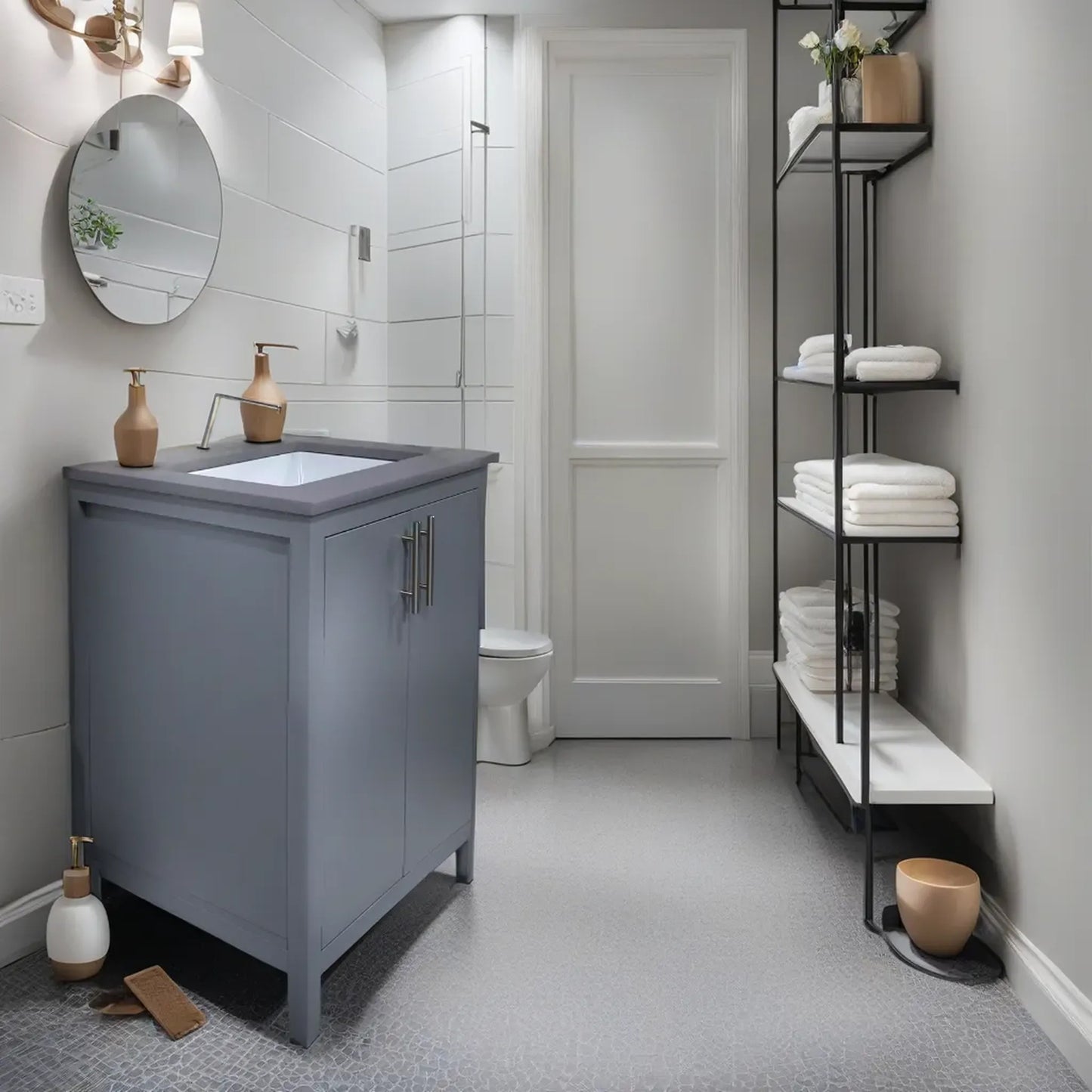 24-inch bathroom wooden cabinet finished in fog grey with Quartz top and sink