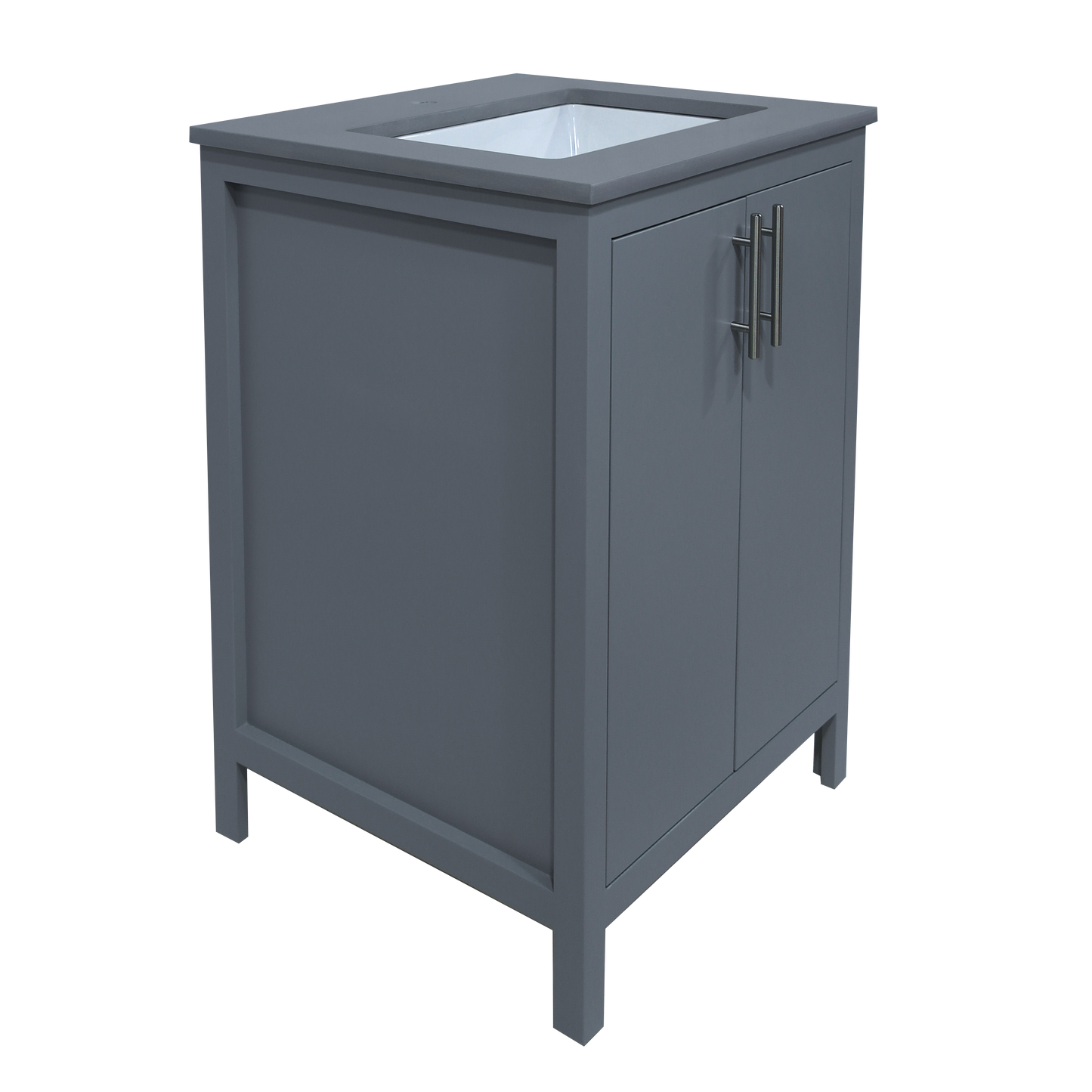 24-inch bathroom wooden cabinet finished in fog grey with Quartz top and sink