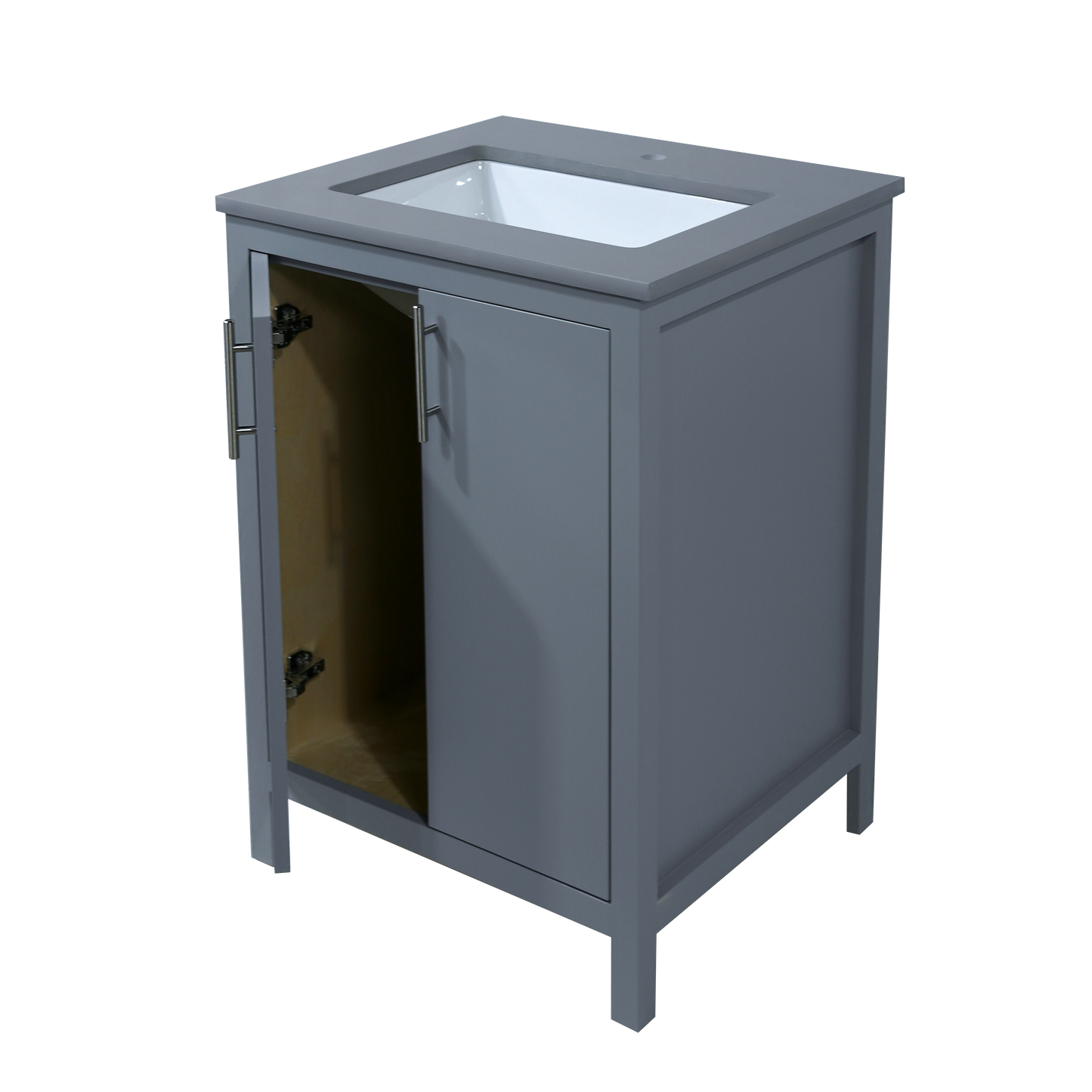 24-inch bathroom wooden cabinet finished in fog grey with Quartz top and sink