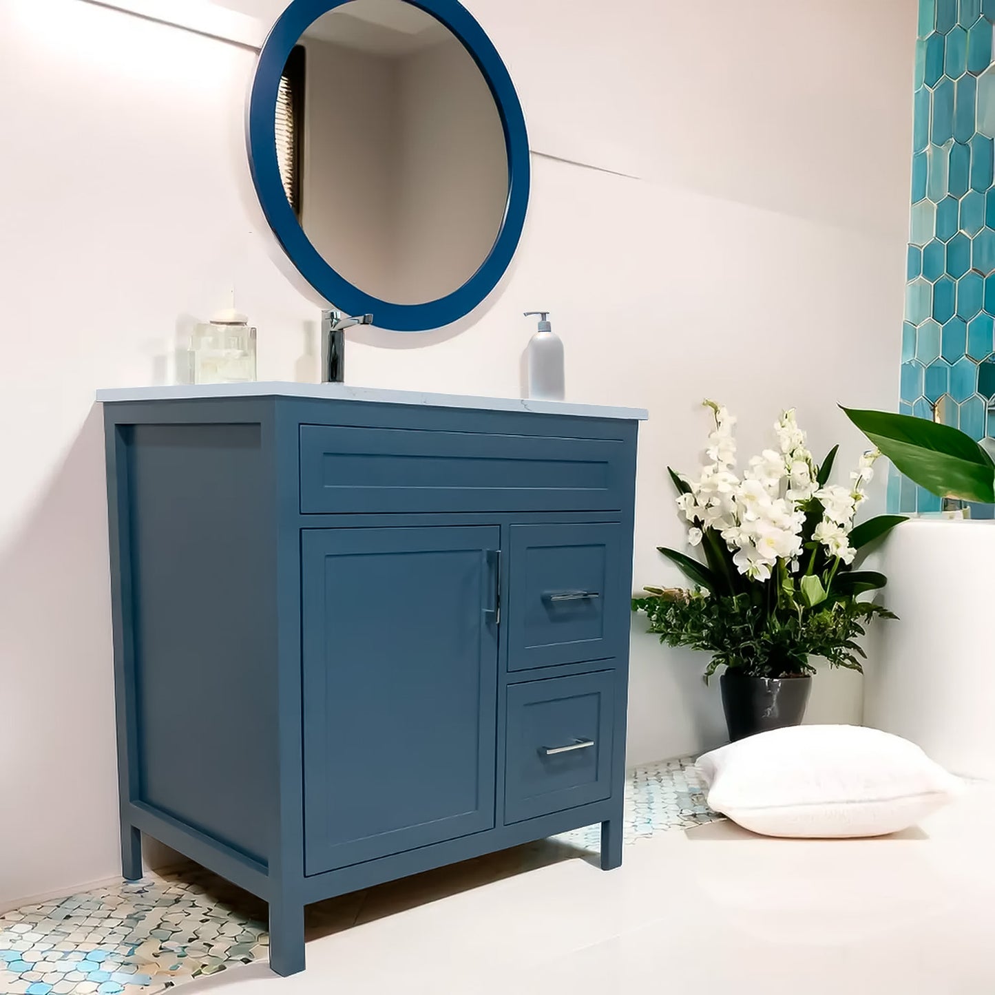 30" Wood Bathroom Cabinet With Quartz Top with Sink