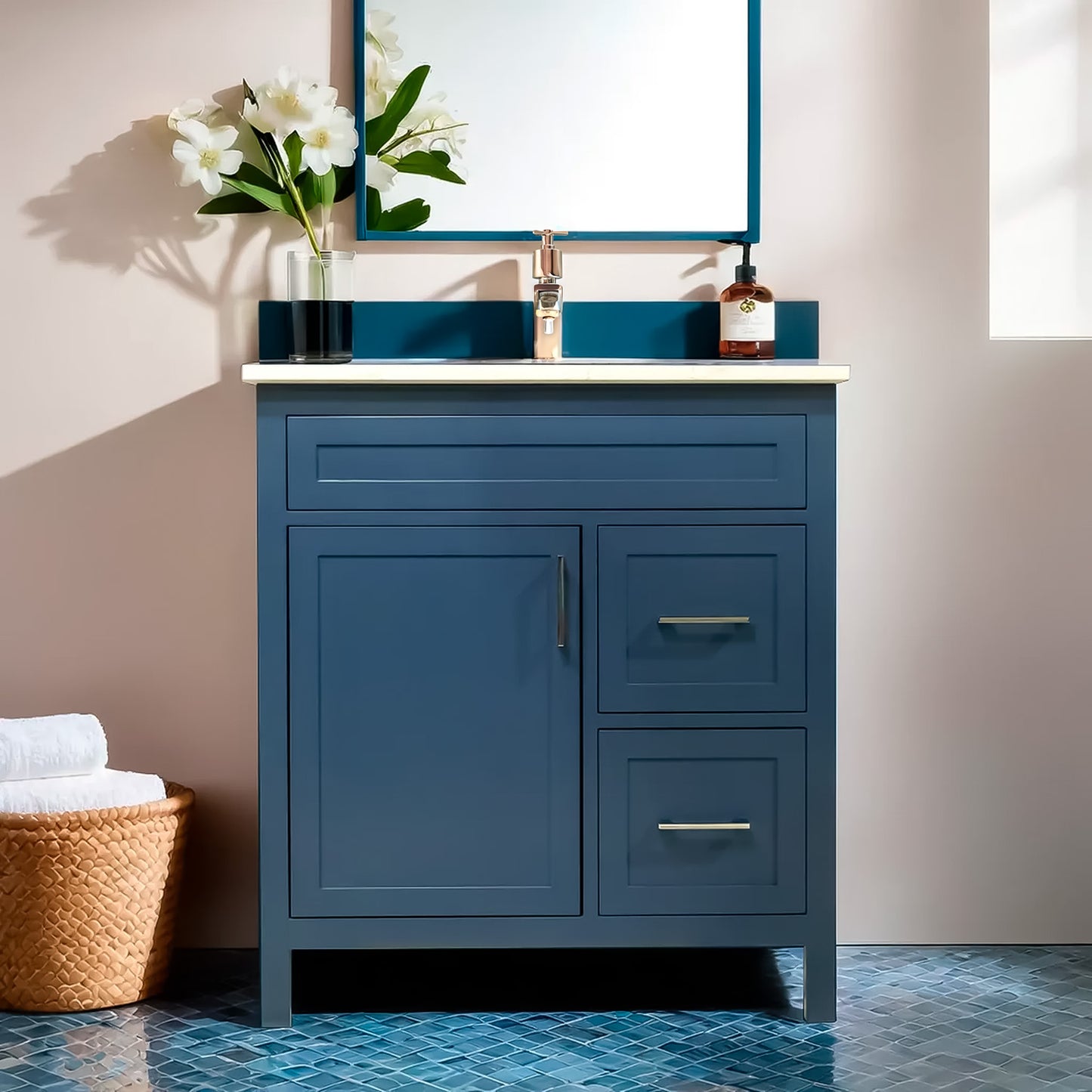 30" Wood Bathroom Cabinet With Quartz Top with Sink