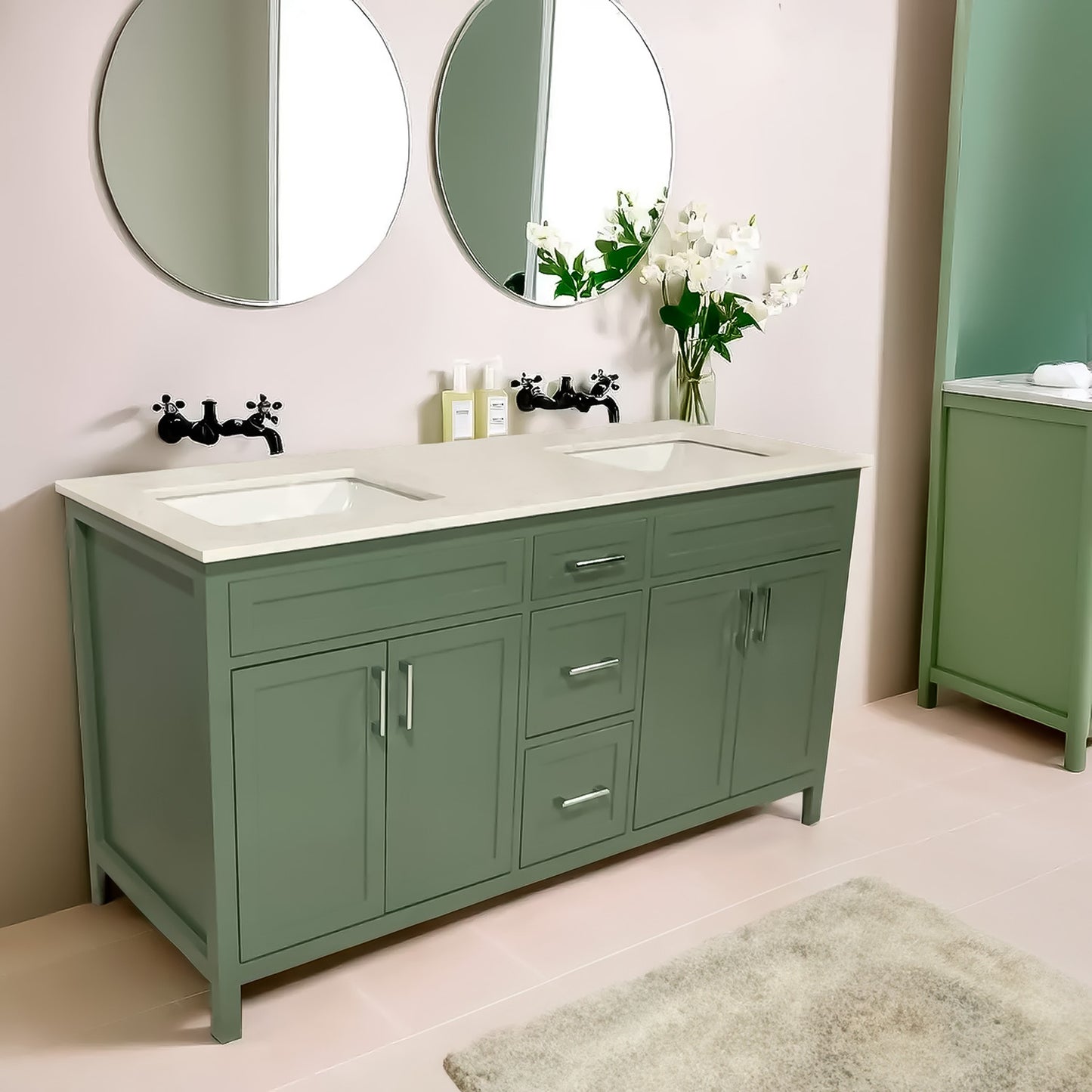 60" wooden vanity double sink with quartz top made in Canada