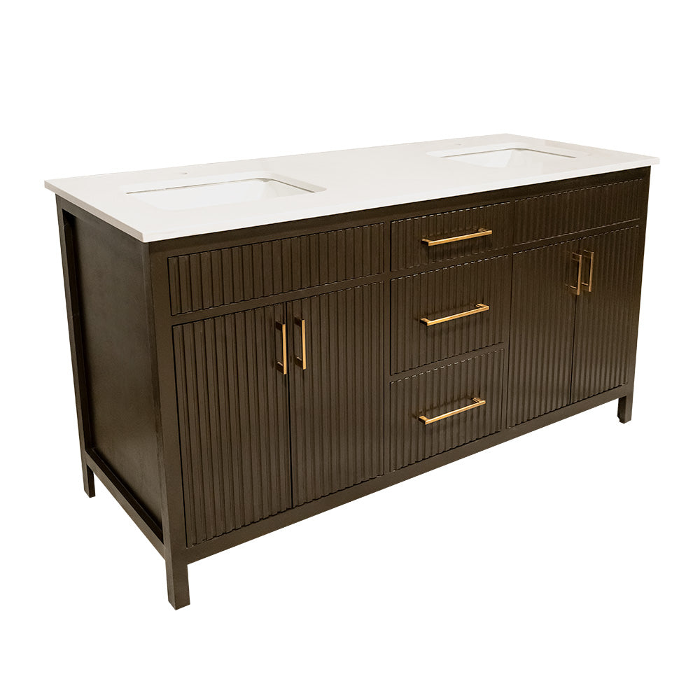 Bittersweet chocolate fluted style wooden vanity double sink with quartz top