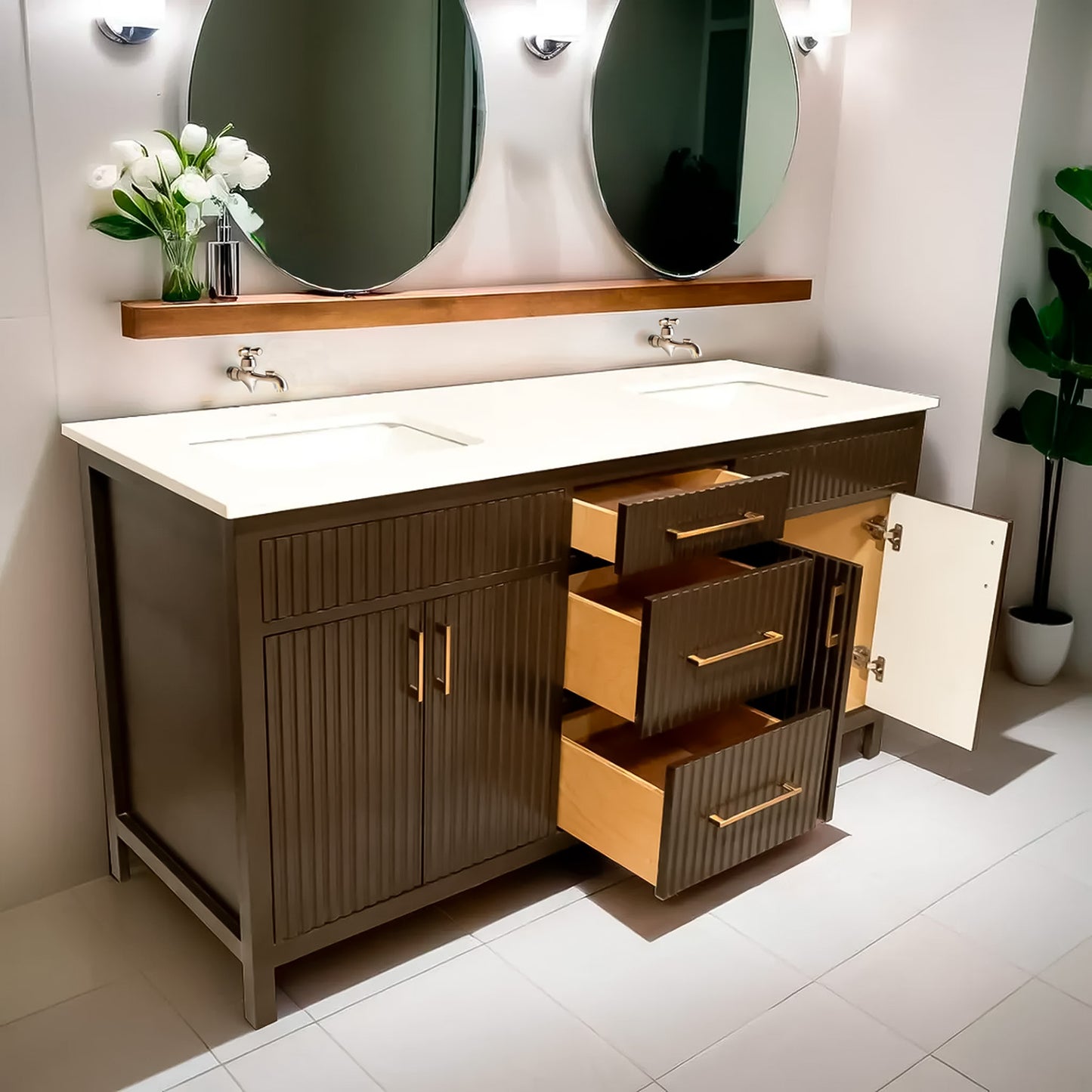 Bittersweet chocolate fluted style wooden vanity double sink with quartz top