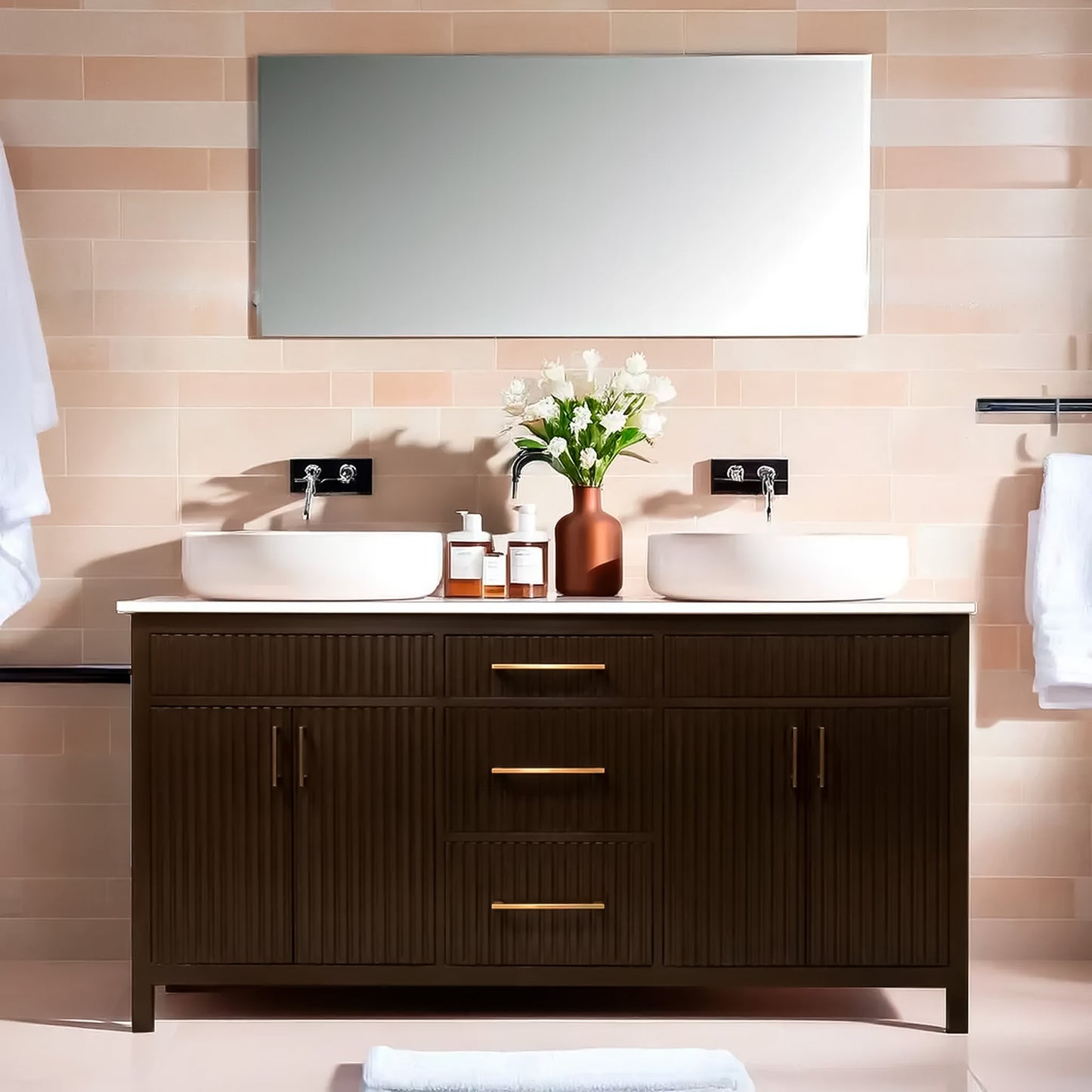 Bittersweet chocolate fluted style wooden vanity double sink with quartz top