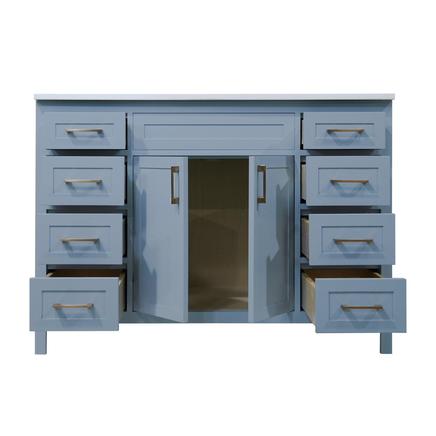 48" wood vanity Sky Blue shaker style with 8 drawers and Quartz top with sink