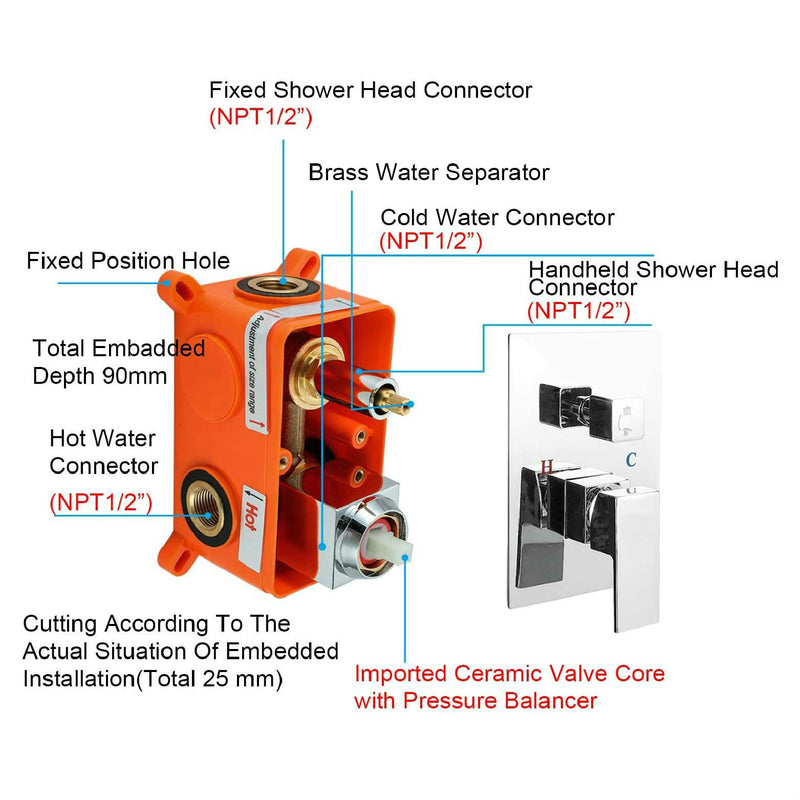 2 way shower mixer 10" square head