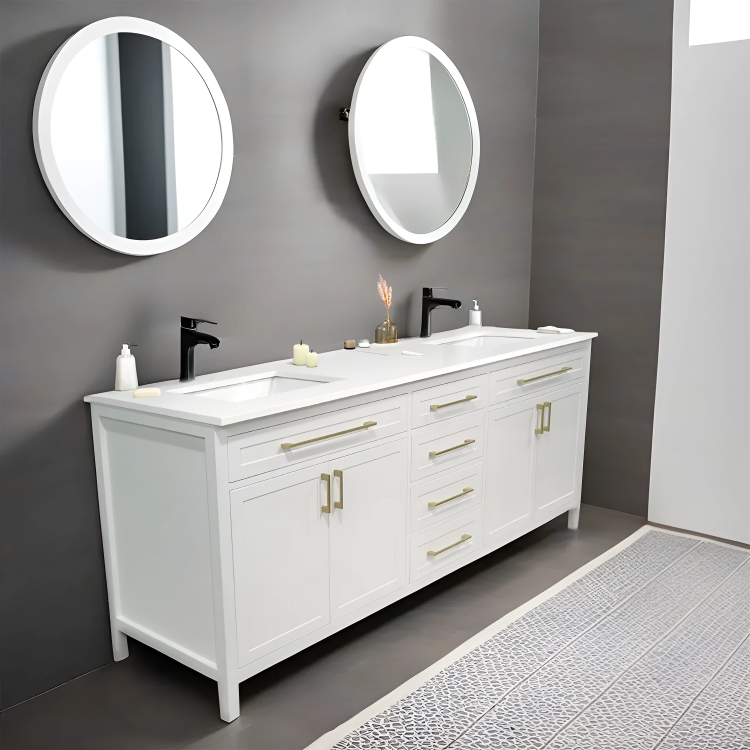 78" white shaker style wood vanity with Quartz top double sink made in Canada