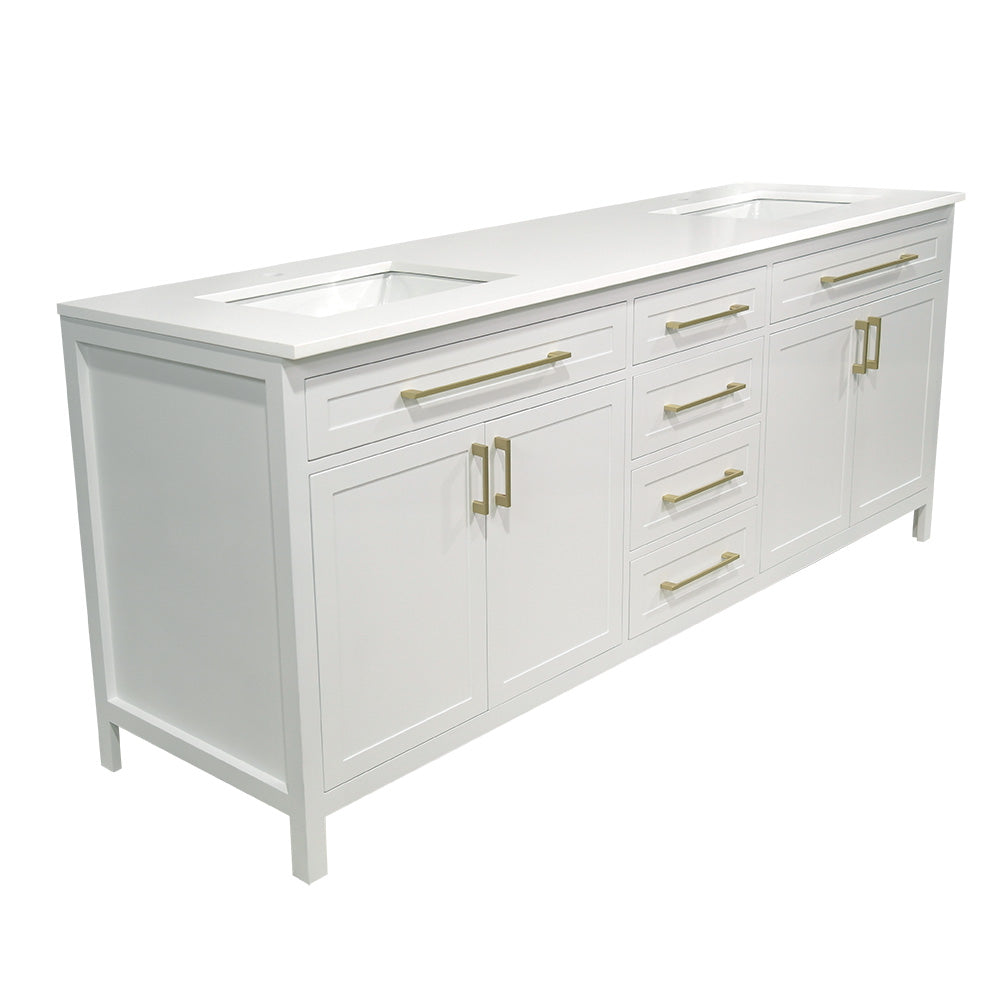 78" white shaker style wood vanity with Quartz top double sink made in Canada