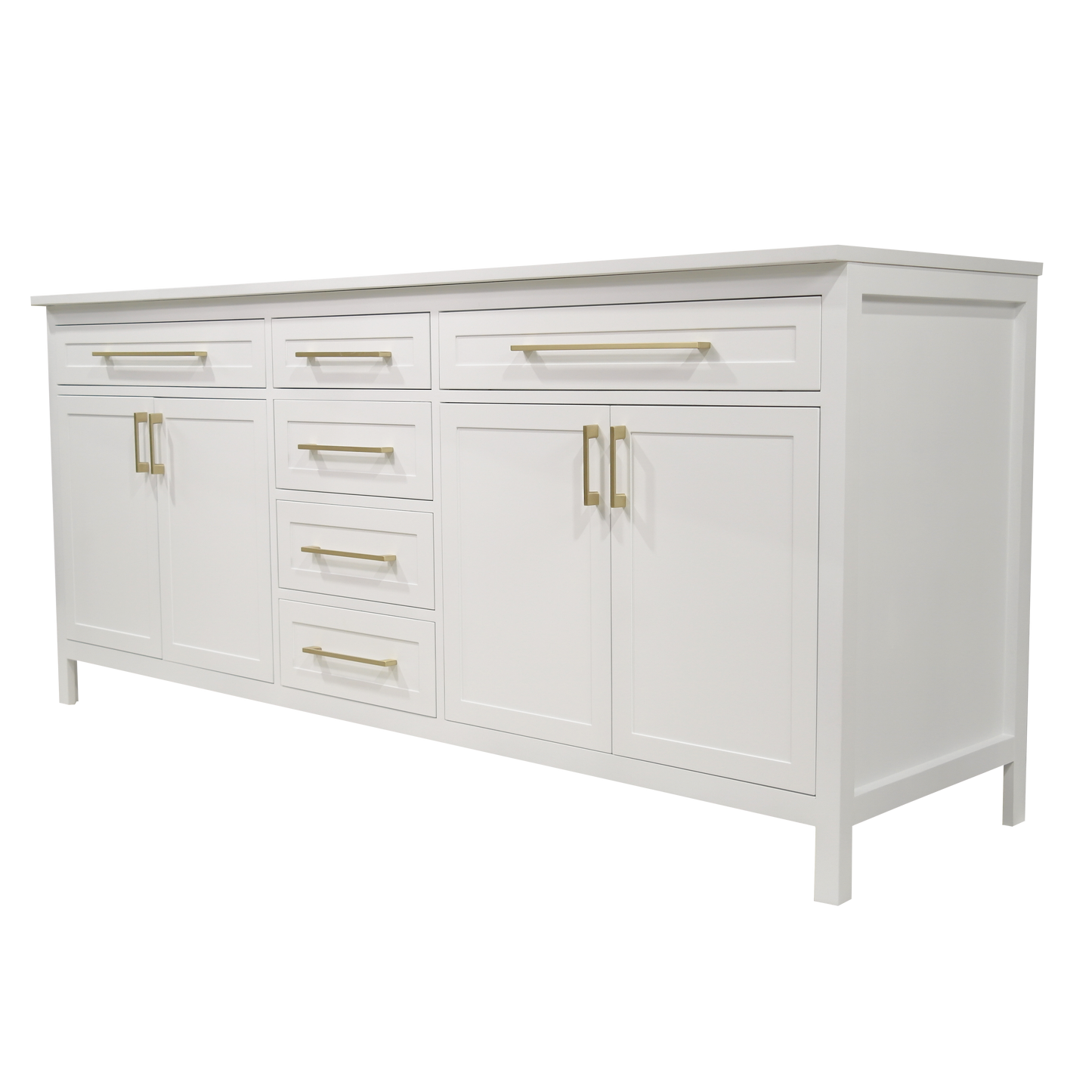 78" white shaker style wood vanity with Quartz top double sink made in Canada